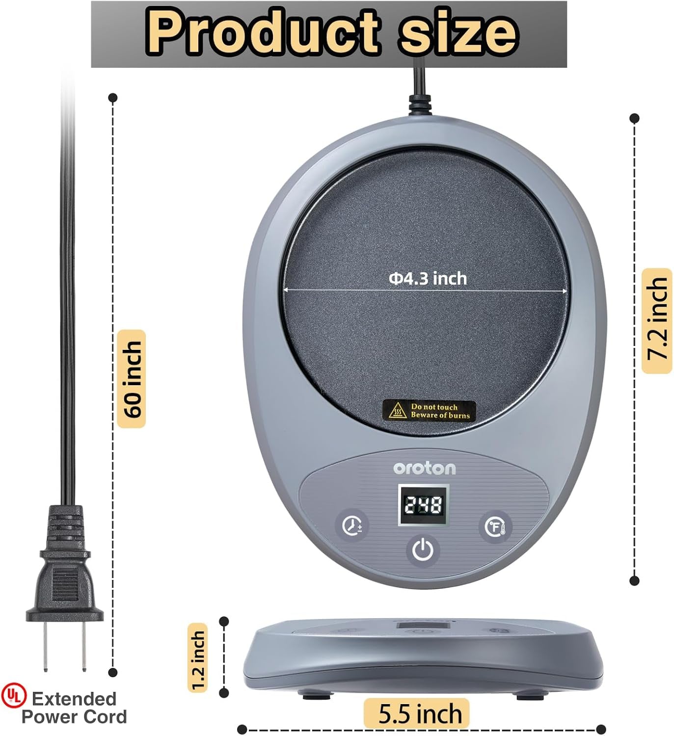 Oroton Mug Warmer for Coffee and Tea, Auto Shut Off,4.3 Inch Large Heated Plate,8 Temperature Settings, 1-8 Hour Timer Settings, Smart Coffee Warmer Plate Milk Tea Water(Grey)