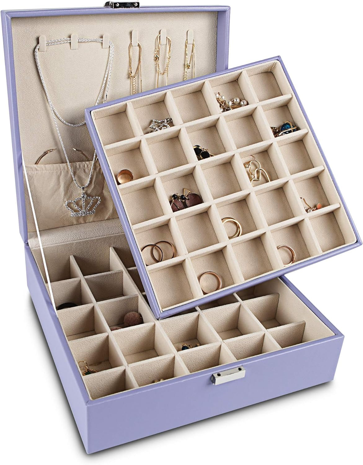 Frebeauty Earring Organizer Classic Jewelry Box 50 Slots Double Layer Jewelry Storage Case with 6 Necklace Hook and Bracelet Pocket(Pearl White)