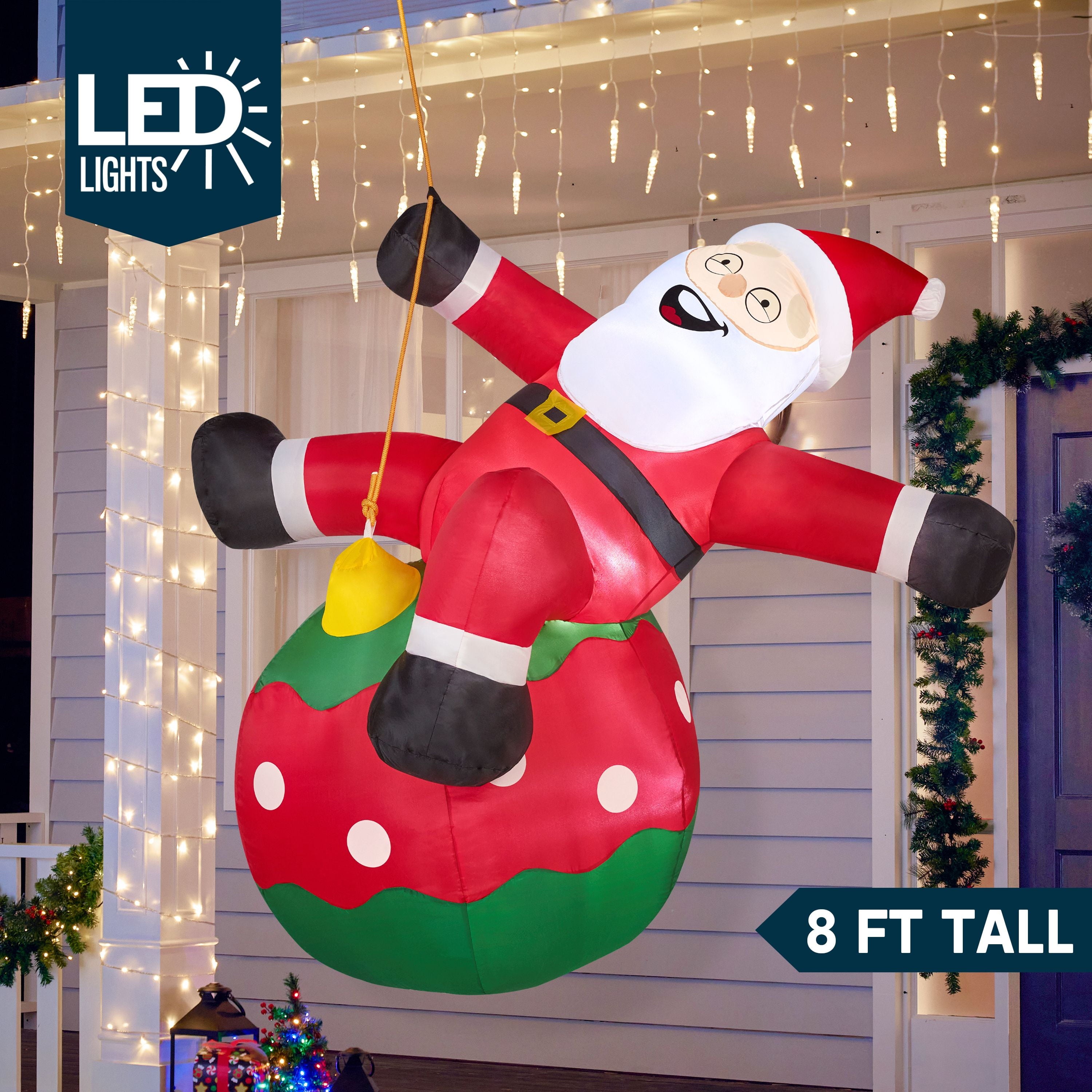 8 FT Christmas Inflatables Santa Outdoor Decorations,Christmas Swinging Santa on Ornament Blow Ups Yard with Built-In Leds for Holiday Party Garden Lawn Decor
