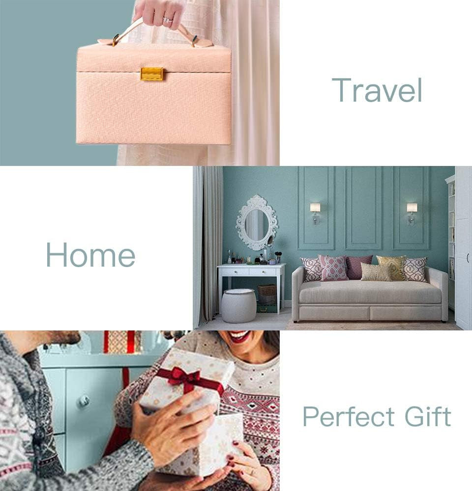 RIRO Jewelry Box for Women, Faux Leather Jewelry Organizer Box with 2 Drawers, Lockable Jewelry Storage Case with Mirror, Storing for Watch Necklace Ring Earring Bracelet, Gift (Pink)