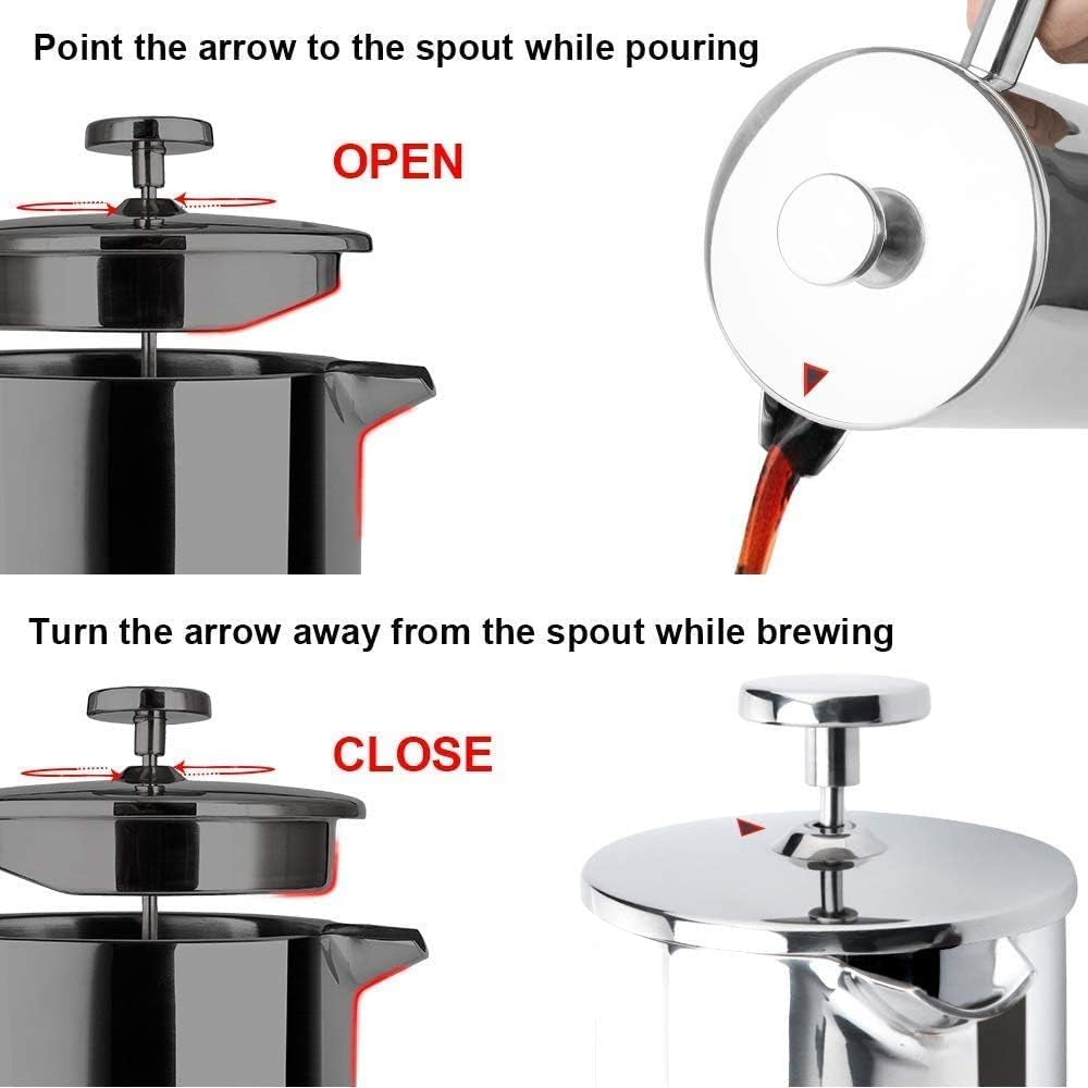 Secura French Press Coffee Maker, 304 Grade Stainless Steel Insulated Coffee Press with 2 Extra Screens, 34Oz (1 Litre), Silver