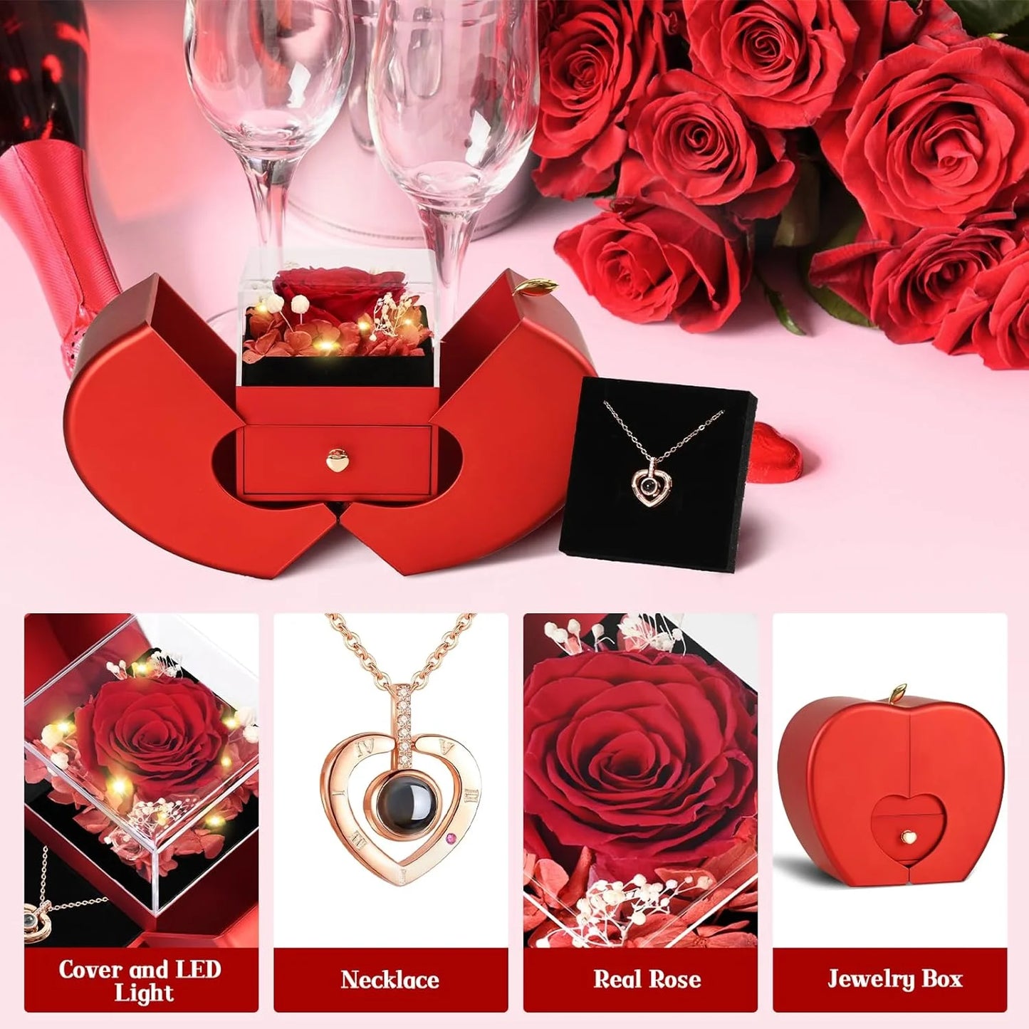 Preserved Flower Real Rose with Heart Necklace, Eternal Flower Gift Box for Mom,Girlfriend,Wife,Grandma on Valentine'S Day,Mother'S Day,Anniversary