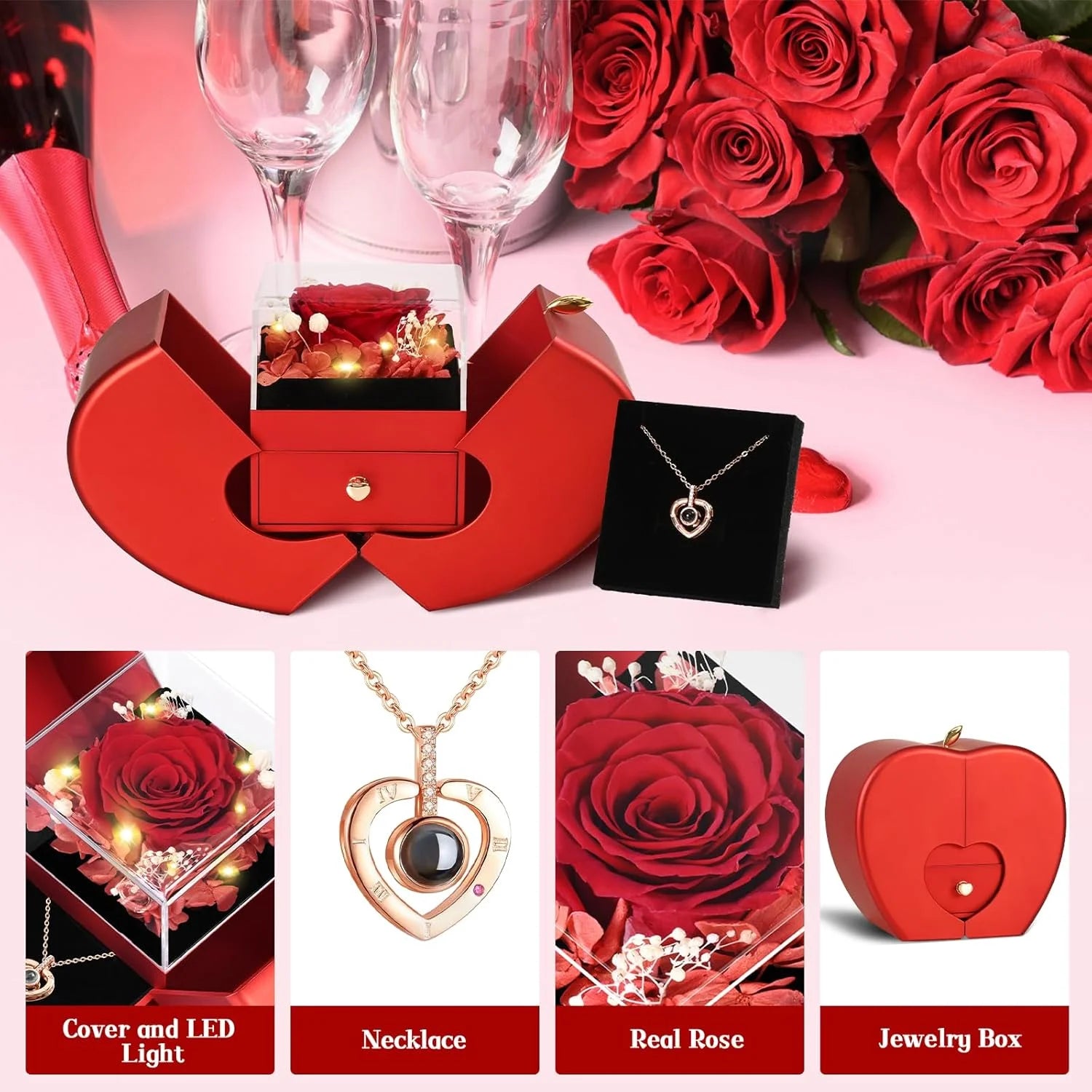 Preserved Flower Real Rose with Heart Necklace, Eternal Flower Gift Box for Mom,Girlfriend,Wife,Grandma on Valentine'S Day,Mother'S Day,Anniversary