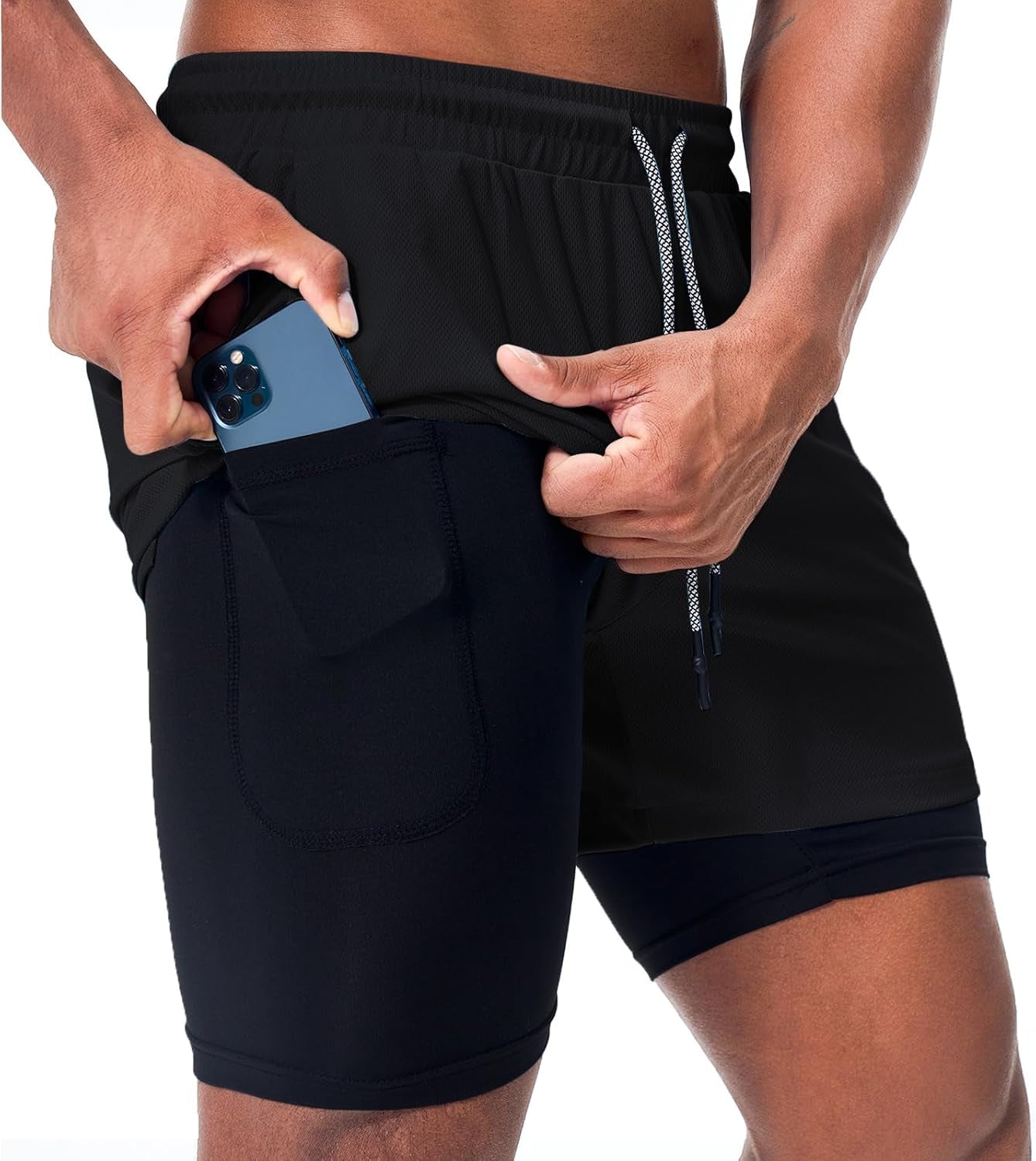 Surenow Men'S Athletic Running Shorts Quick Dry Workout Shorts 2 in 1 Shorts 5" Gym Running Shorts for Men with Phone Pocket