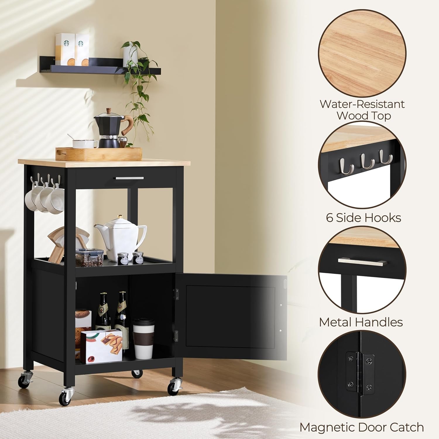 Yaheetech Kitchen Island Cart with Storage, Rolling Kitchen Island on Wheels with 6 Side Hooks, Wood Top Microwave Cart with Drawer for Dining Room, Black