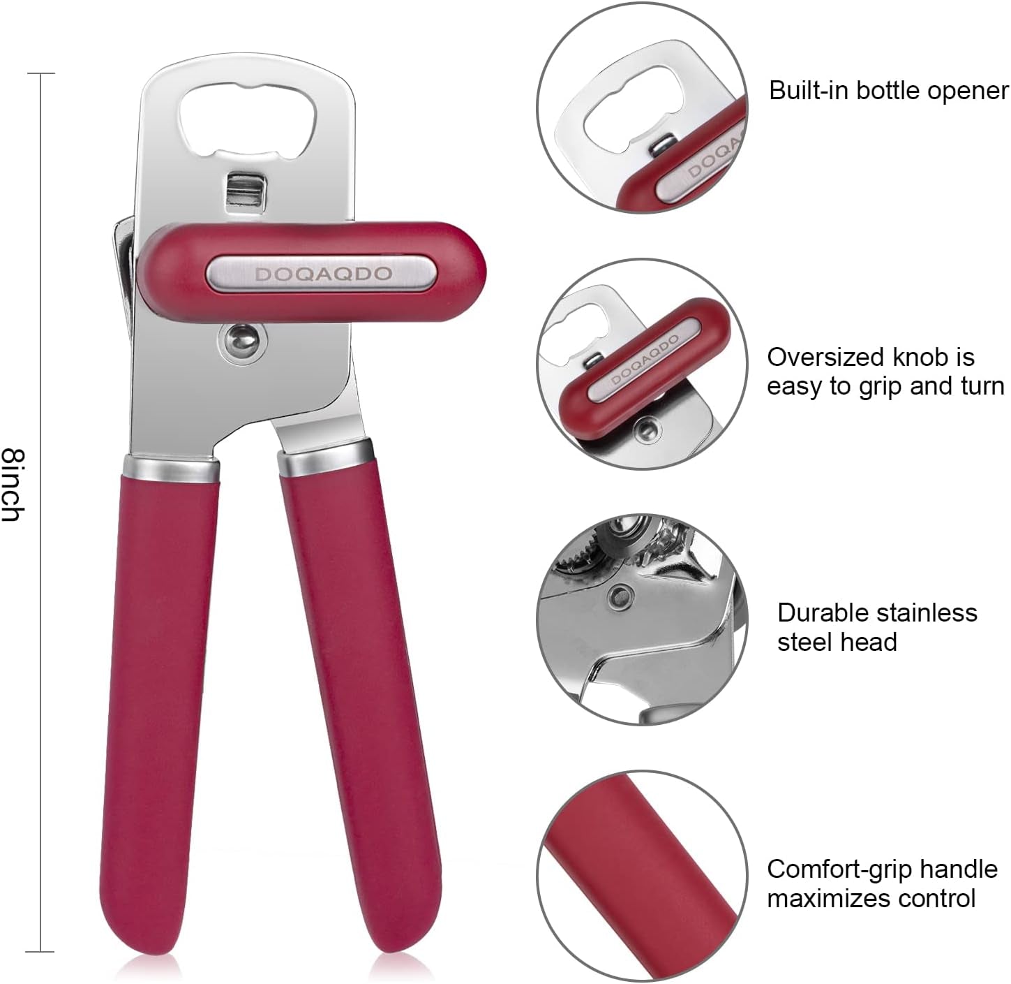 Can Opener Manual Portable Handheld Heavy Duty Hand Can Opener Smooth Edge, Comfortable Grip Safety Can Openers, Sharp Cutting Wheel, Easy Turn Knob, Built in Bottle Opener(Red)