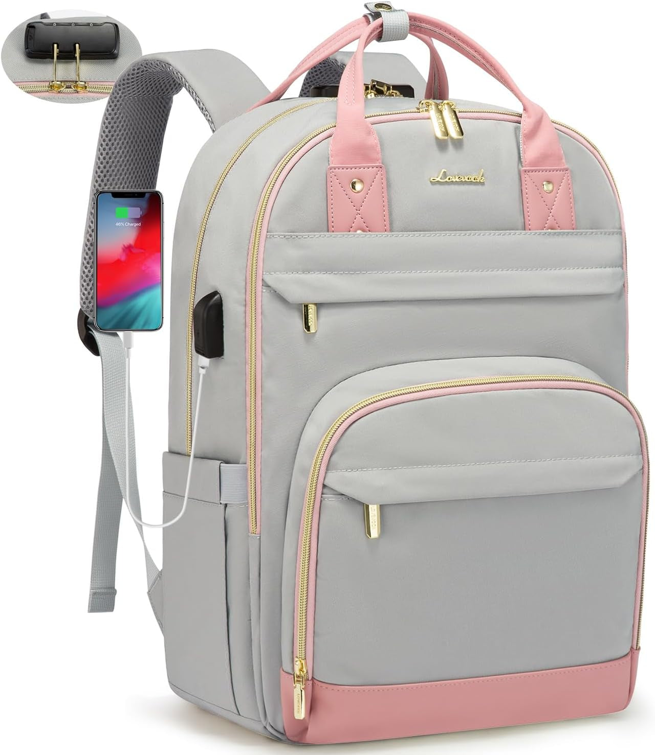 LOVEVOOK Laptop Backpack for Women & Men, Unisex Travel Anti-Theft Work Bag, Business Computer College Backpacks Purse, Casual Hiking Outdoor Carry on Daypack with Lock, Fits 15.6 Inch Laptop, Grey