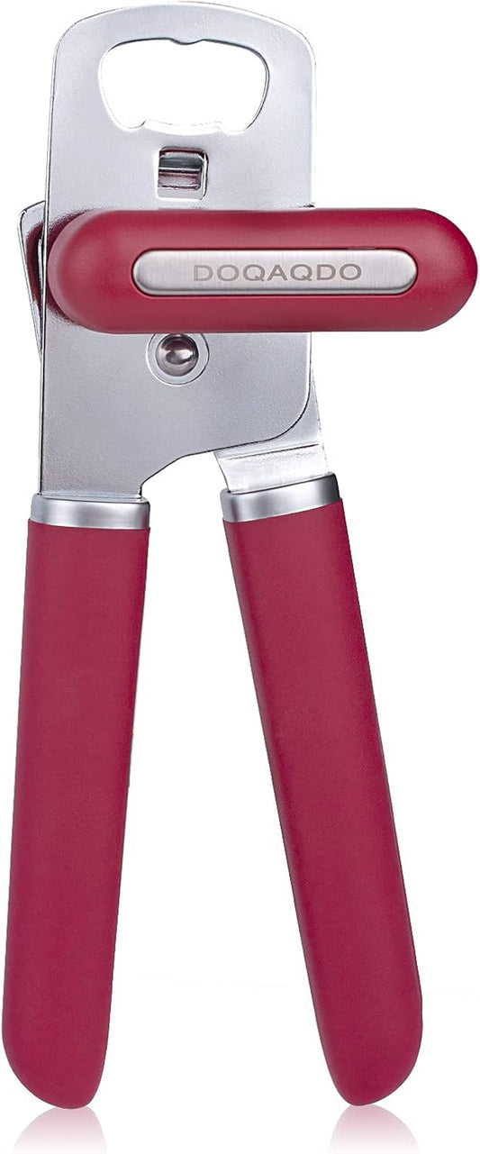 Can Opener Manual Portable Handheld Heavy Duty Hand Can Opener Smooth Edge, Comfortable Grip Safety Can Openers, Sharp Cutting Wheel, Easy Turn Knob, Built in Bottle Opener(Red)