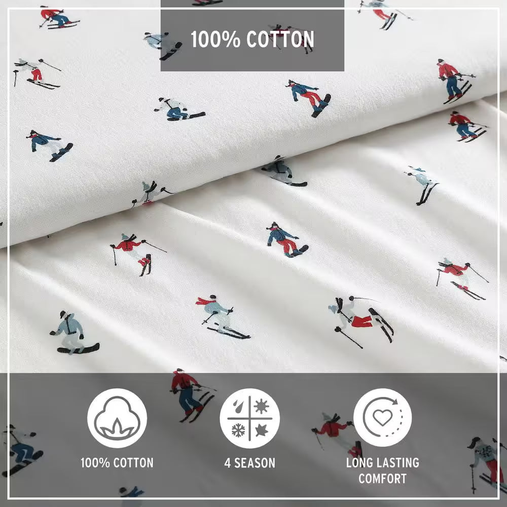 Ski Slope 4-Piece White and Multi-Colored Graphic Flannel King Sheet Set