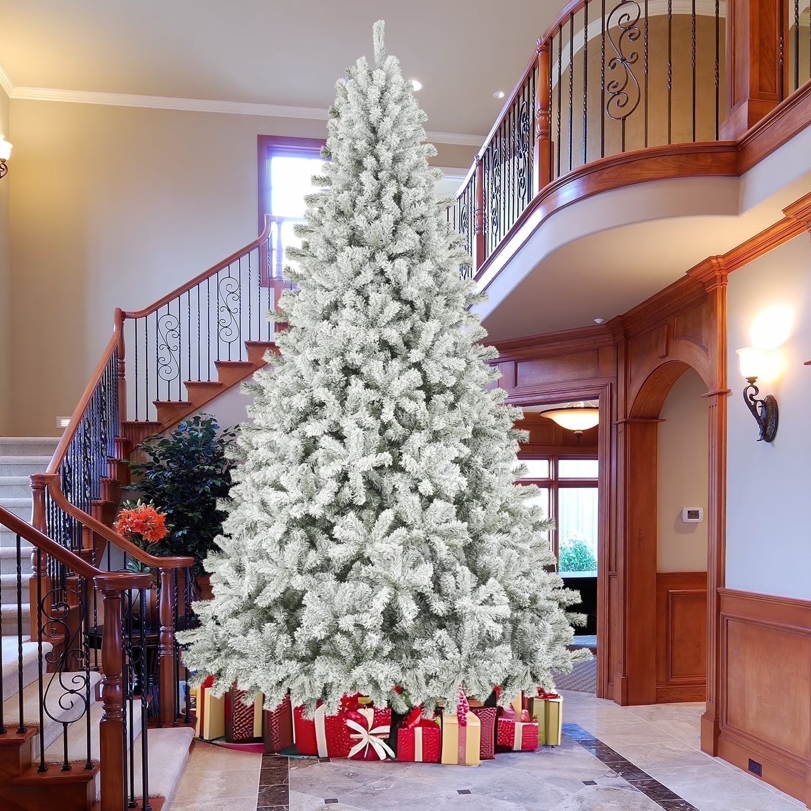 9Ft Snow Flocked Christmas Tree with 2028 Tips, Artificial Snowy Xmas Pine Tree with Reinforced Metal Base for Home Office Party Holiday Decorations ,White(No Light)