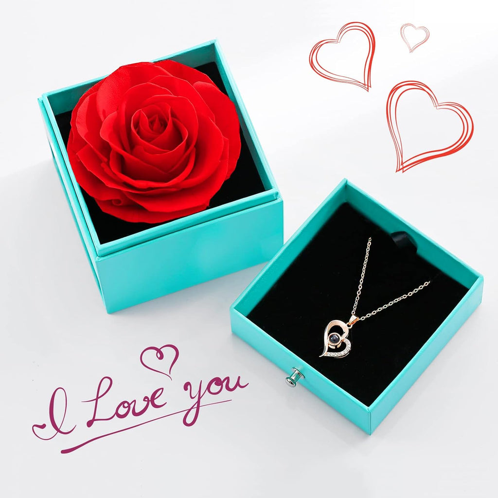 U UQUI Valentines Day Gifts for Her, Preserved Real Rose with I Love You Heart Necklace 100 Languages, Birthday Gifts for Women Mom Girlfriend Wife,Forever Flower for Anniversary, Red Roses