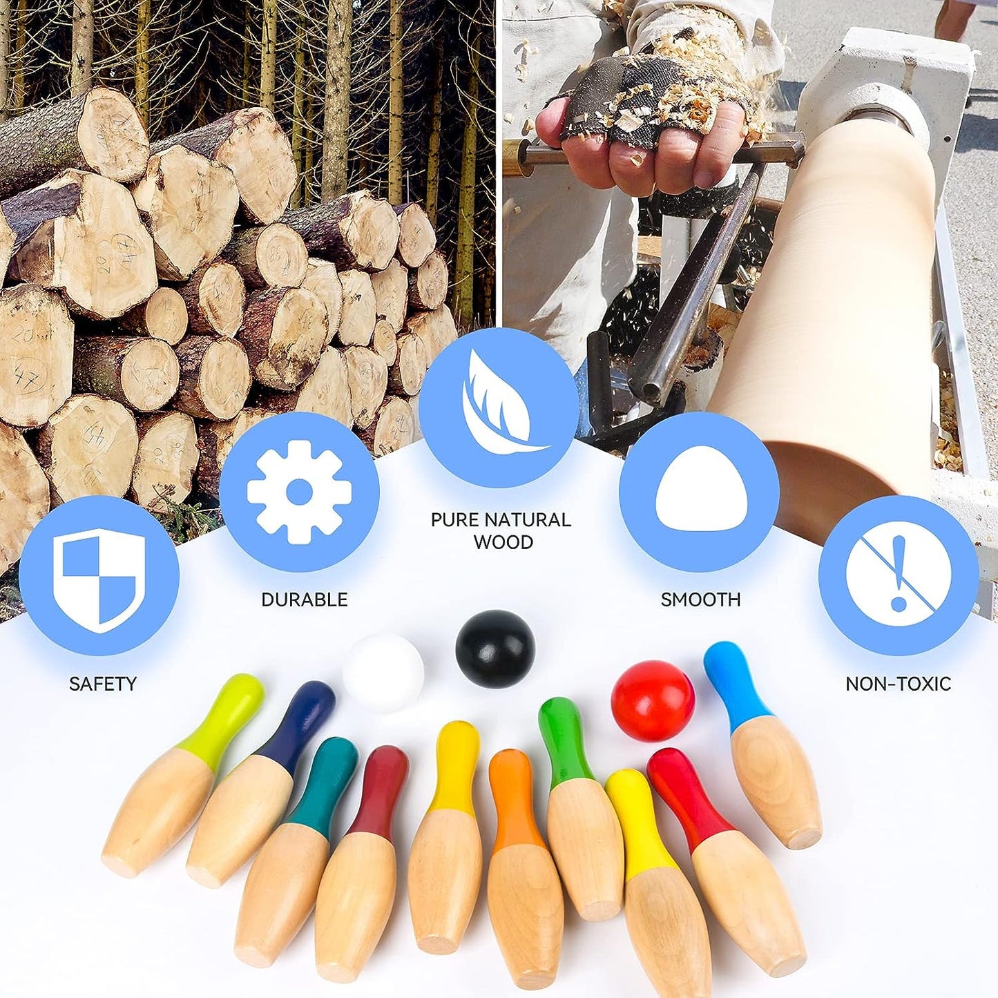 WODI Wood Bowling Backyard Games Wooden Pins Balls,And Mesh Carrying Bag Educational Games Indoor and Outdoor Toys Family Fun for Kids Toddlers and Adults