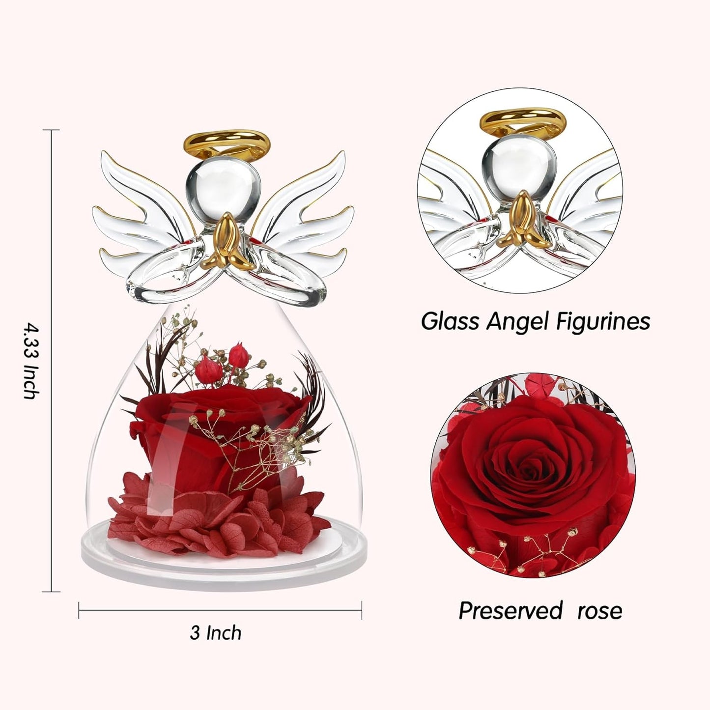 Preserved Flower Rose in Glass Angel Figurines,Moth