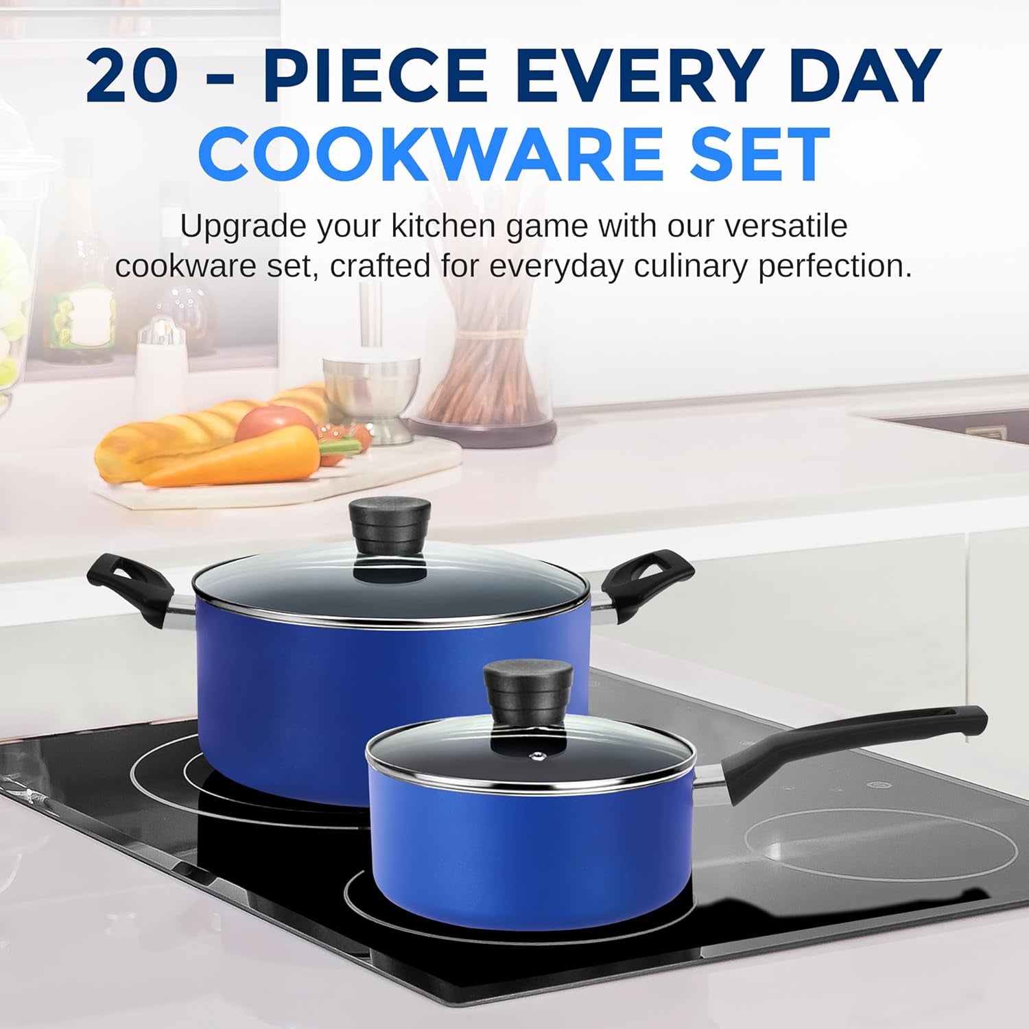 Serenelife 20-Piece Blue Cookware Set with Knives - Includes Multi-Sized Pots and Pans Set Non Stick with Lids and Utensils, Heat Resistant, Dishwasher Safe