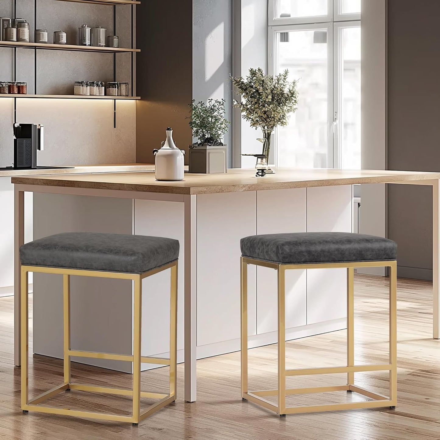 MAISON ARTS Counter Height 24" Bar Stools Set of 2 for Kitchen Counter Backless Modern Barstools Industrial Upholstered Faux Leather Stools Farmhouse Island Chairs, (24 Inch, Brown)