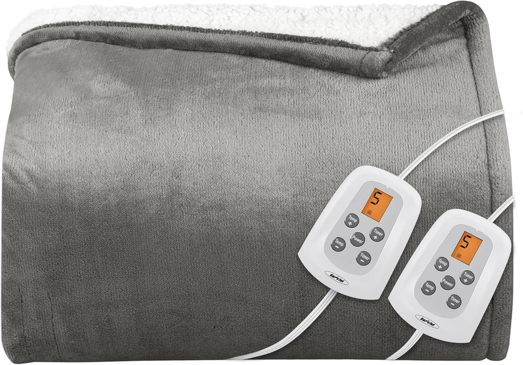 SUNVIVI Heated Blanket King Size, Heating Electric Throw Blanket Dual Control, 10 Heat Settings, 12 Hours Auto Off, Machine Washable, ETL Certified, Overheating Protection, Grey