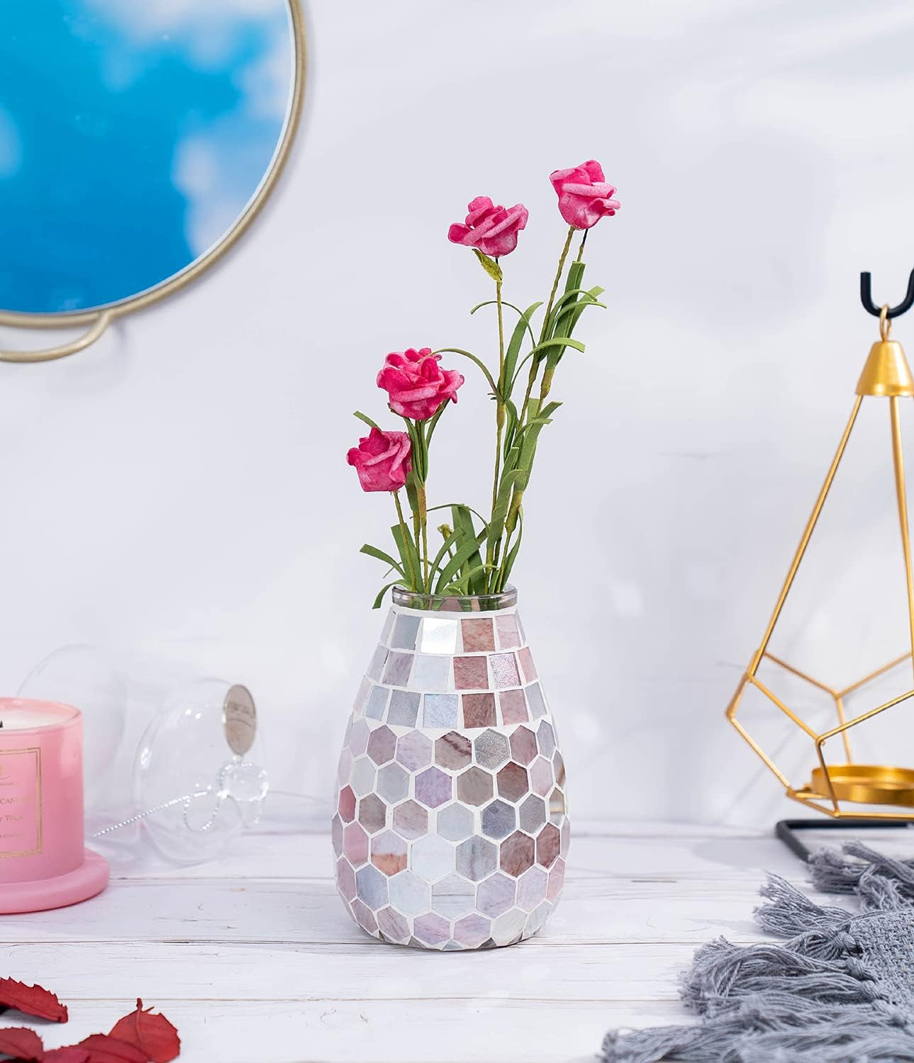 Small Flower Vase for Home Decor, 5" Mosaic Handmade Table Centerpiece Mosaic Accent Container for Office, Living Room, Kitchen, Wedding (Shell Hive)