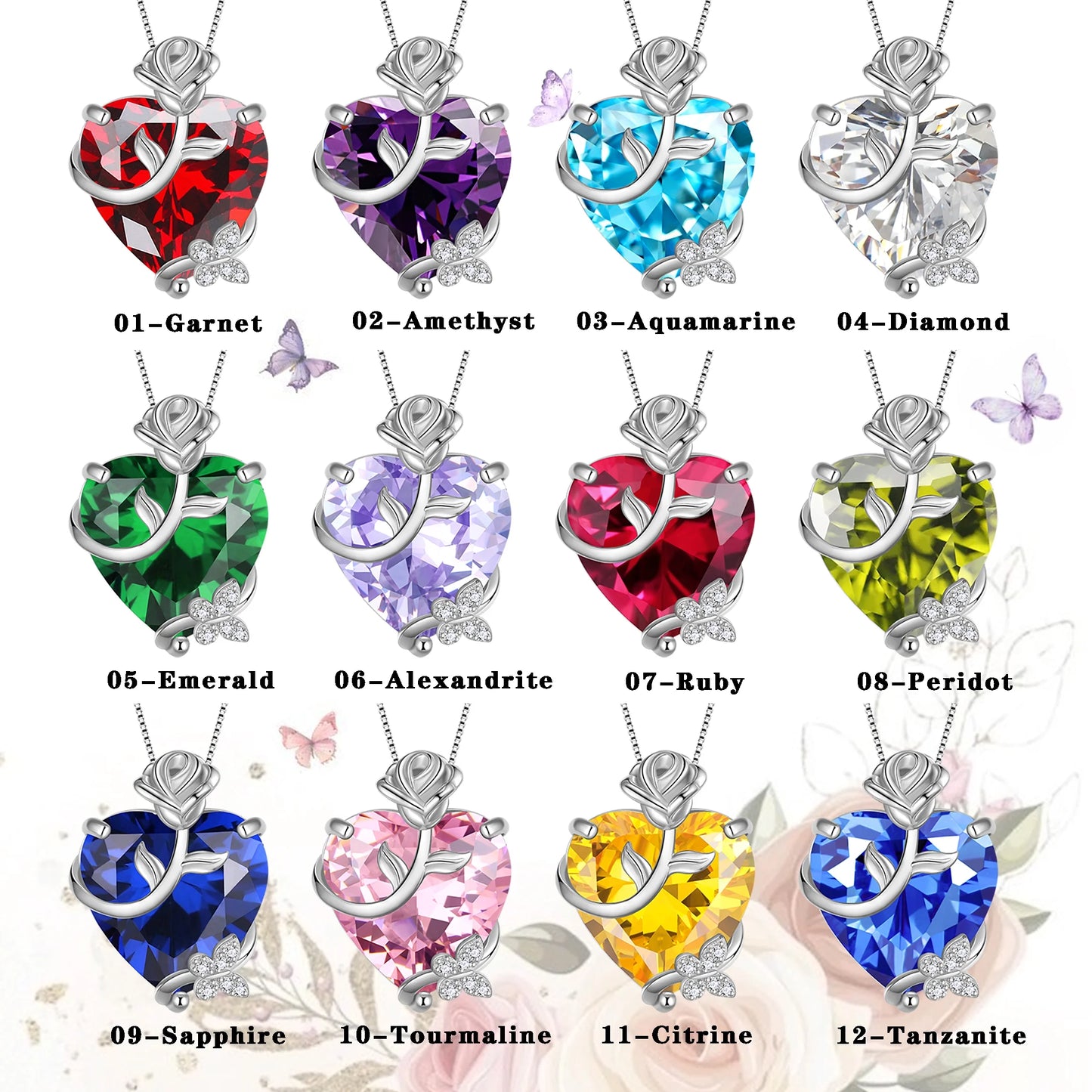 15MM Women Rose Heart Necklace October Birthstone 925 Sterling Silver Butterfly Flower Pendant Pink Tourmaline Jewelry Mother Valentine'S Day Gifts