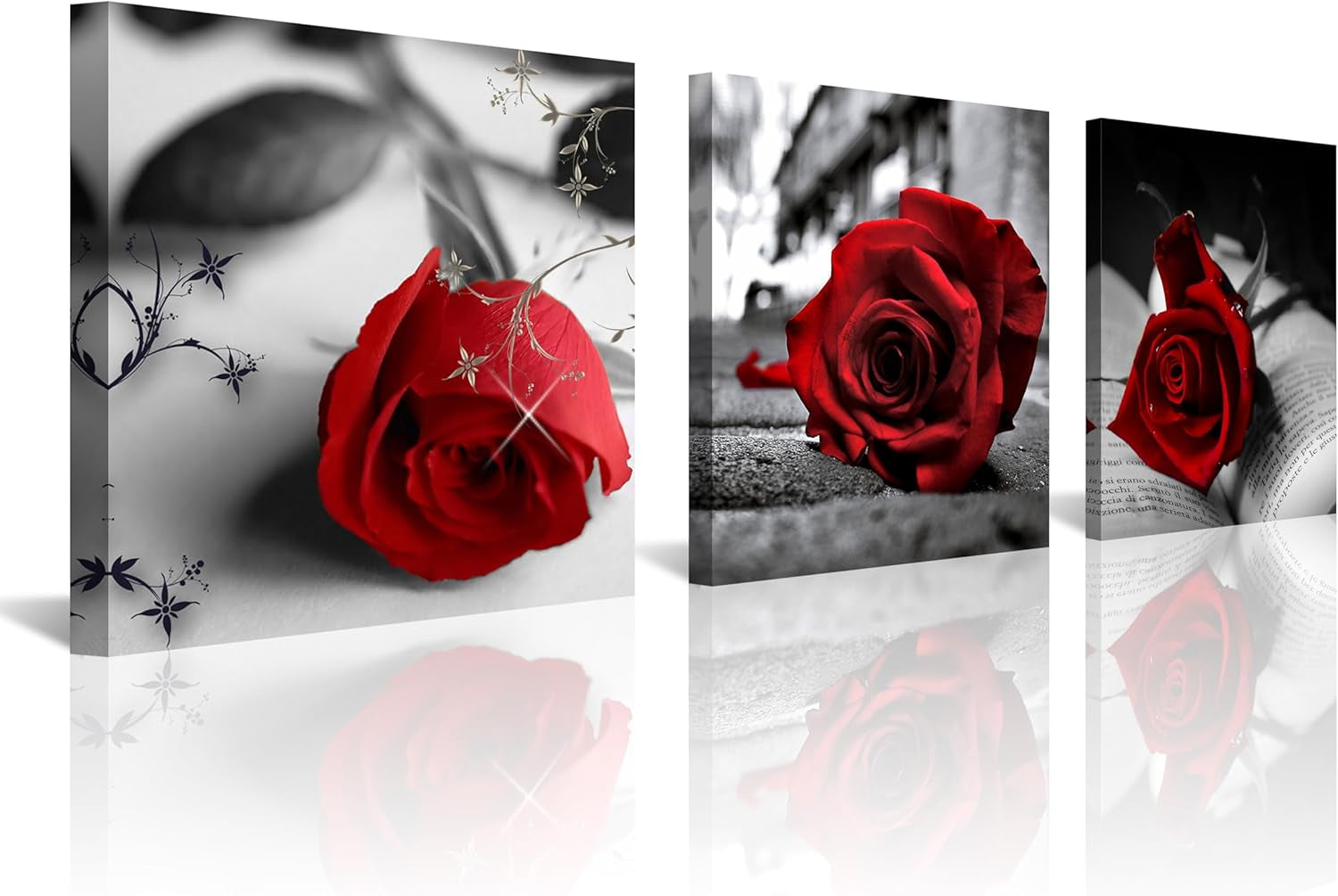 NAN Wind Canvas Print 3 Pcs Black and White Red Rose Canvas Art Painting Abstract Wall Art Decorations Flower Picture on Canvas for Home Decor Stretched and Framed (16X16Inchx3Pcs, A-Rose)