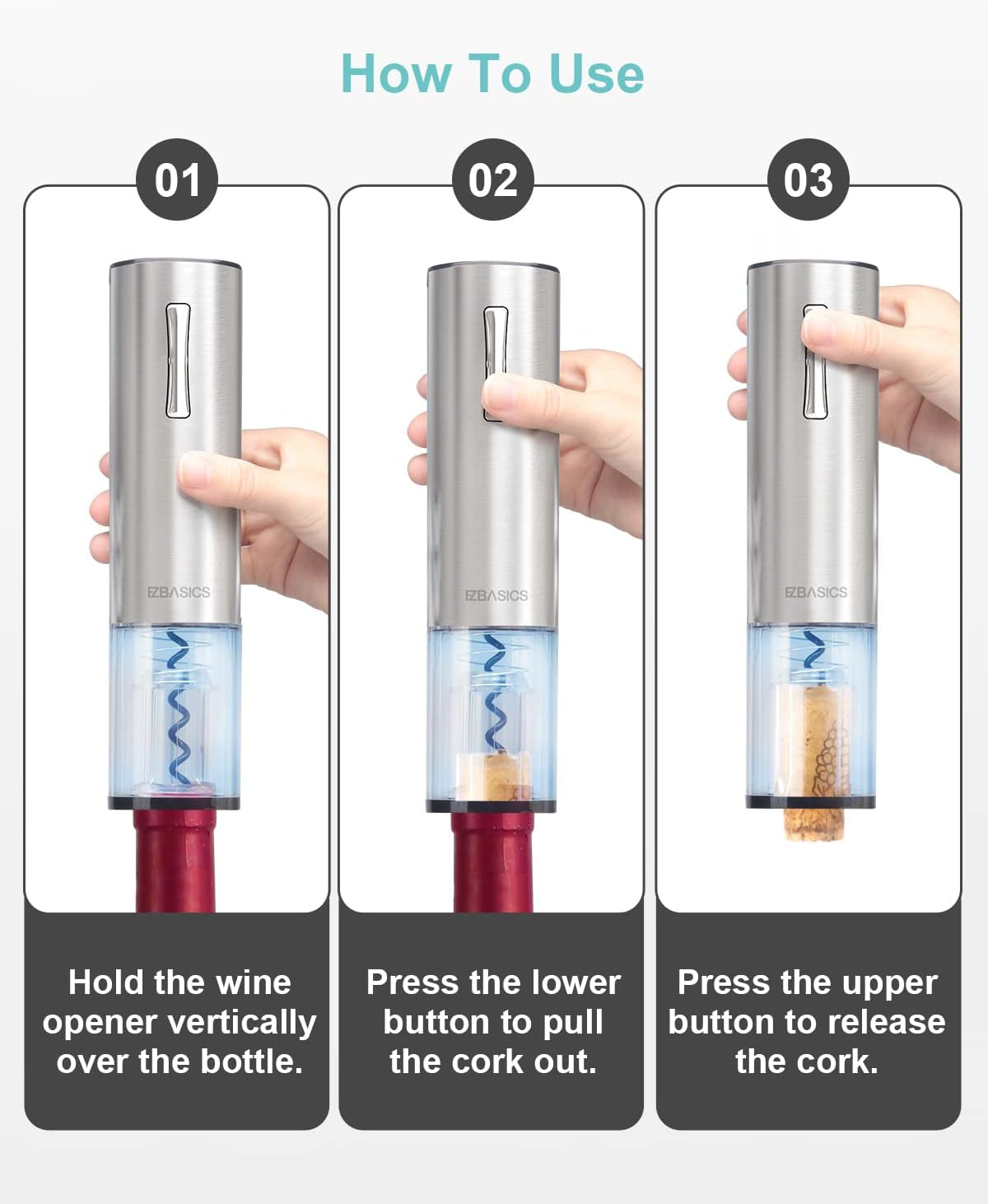 EZBASICS Electric Wine Opener, Automatic Wine Bottle Opener Set with Foil Cutter Vacuum Stopper and Wine Aerator Pourer for Wine Lovers Gift Home Kitchen Party Bar Wedding Rechargeable, Silver