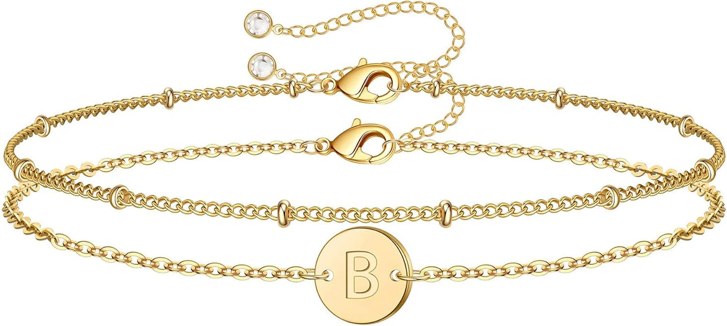 MONOZO Gold Initial Bracelets for Women Girls Jewelry Gifts - Dainty 14K Gold Plated Layered Beaded Letter Initial Bracelet 26 Alphabet Disc Monogram Charm Bracelet Jewelry Birthday Gifts for Women