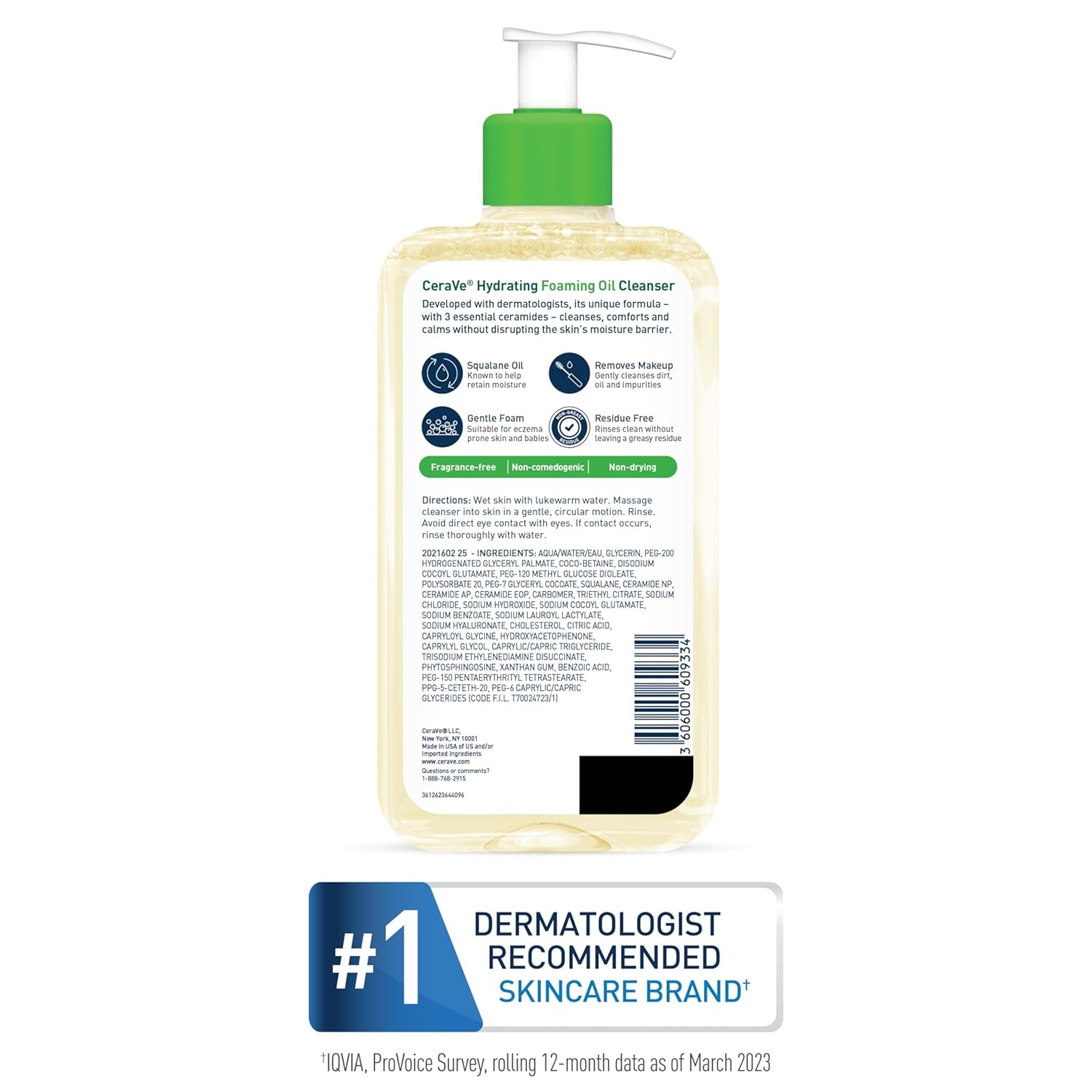 Cerave Hydrating Foaming Oil Cleanser, Moisturizing Oil Cleanser for Face & Body, Squalane Oil + Hyaluronic Acid + Ceramides, for Dry to Very Dry Skin, Fragrance Free & Residue Free, 19 FL Oz