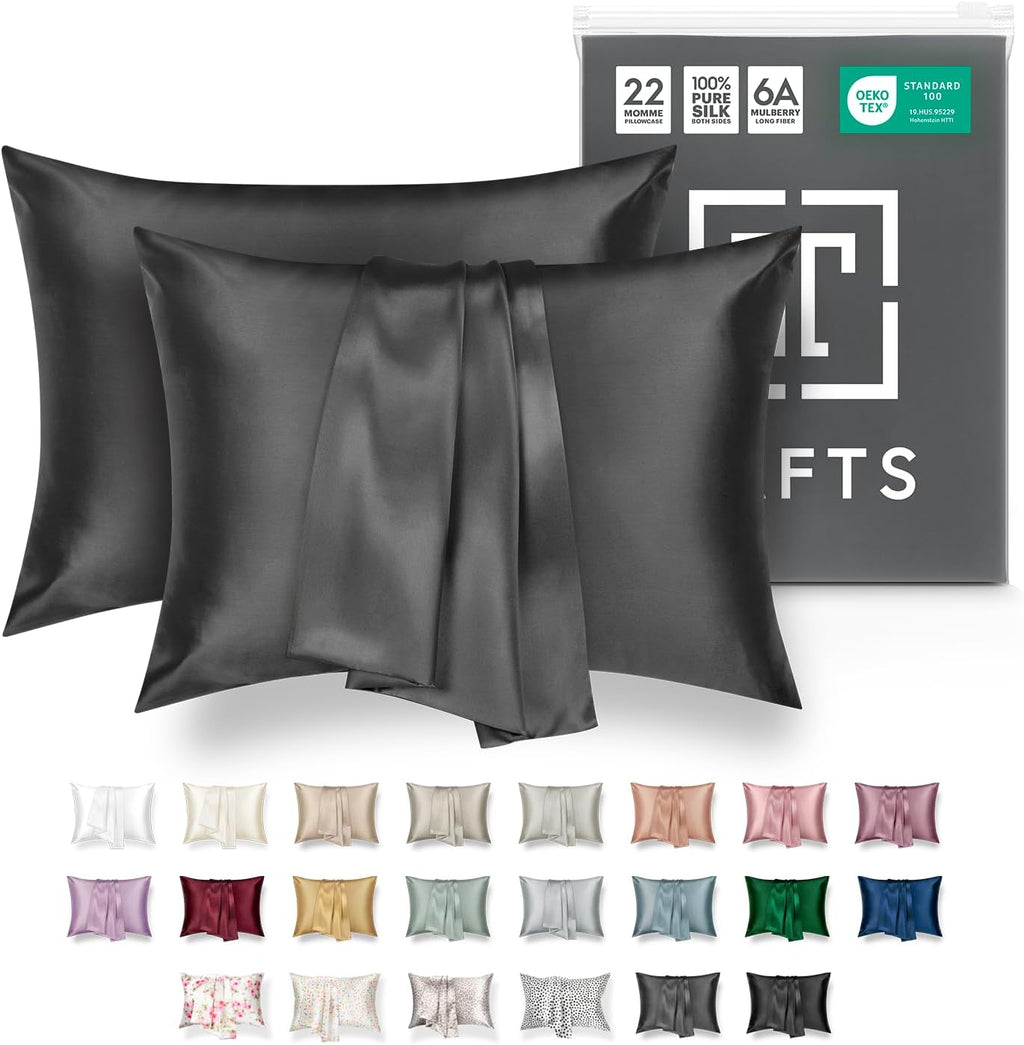 Tafts Pillow Cases - 22Mm 100% Pure Mulberry 6A Silk Pillowcase for Hair & Skin with Zipper Closure, Cooling, Natural, Organic, Double Sided Silk Pillow Case (Midnight Black, Queen 20X30 1Pc)