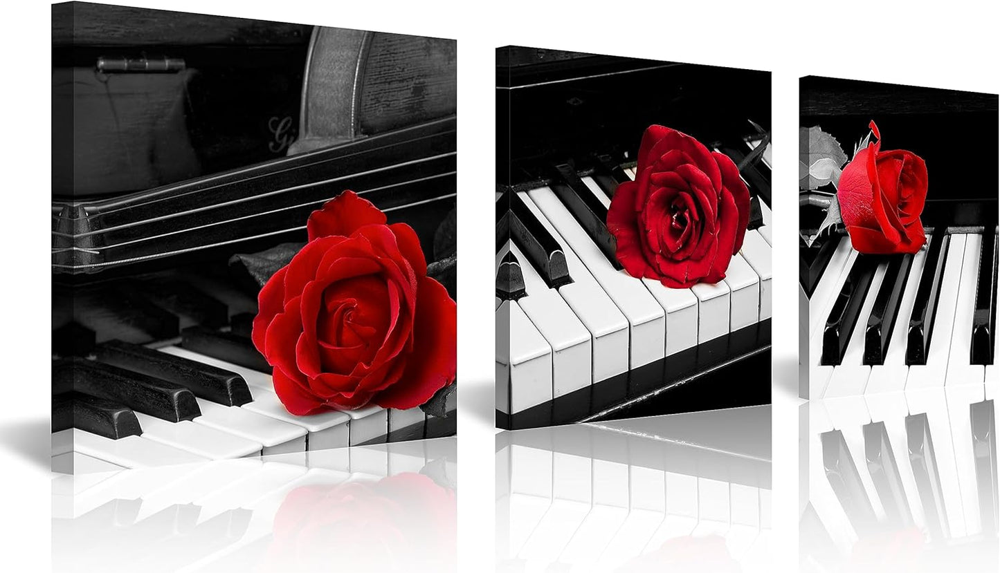 NAN Wind Canvas Print 3 Pcs Black and White Red Rose Canvas Art Painting Abstract Wall Art Decorations Flower Picture on Canvas for Home Decor Stretched and Framed (16X16Inchx3Pcs, A-Rose)