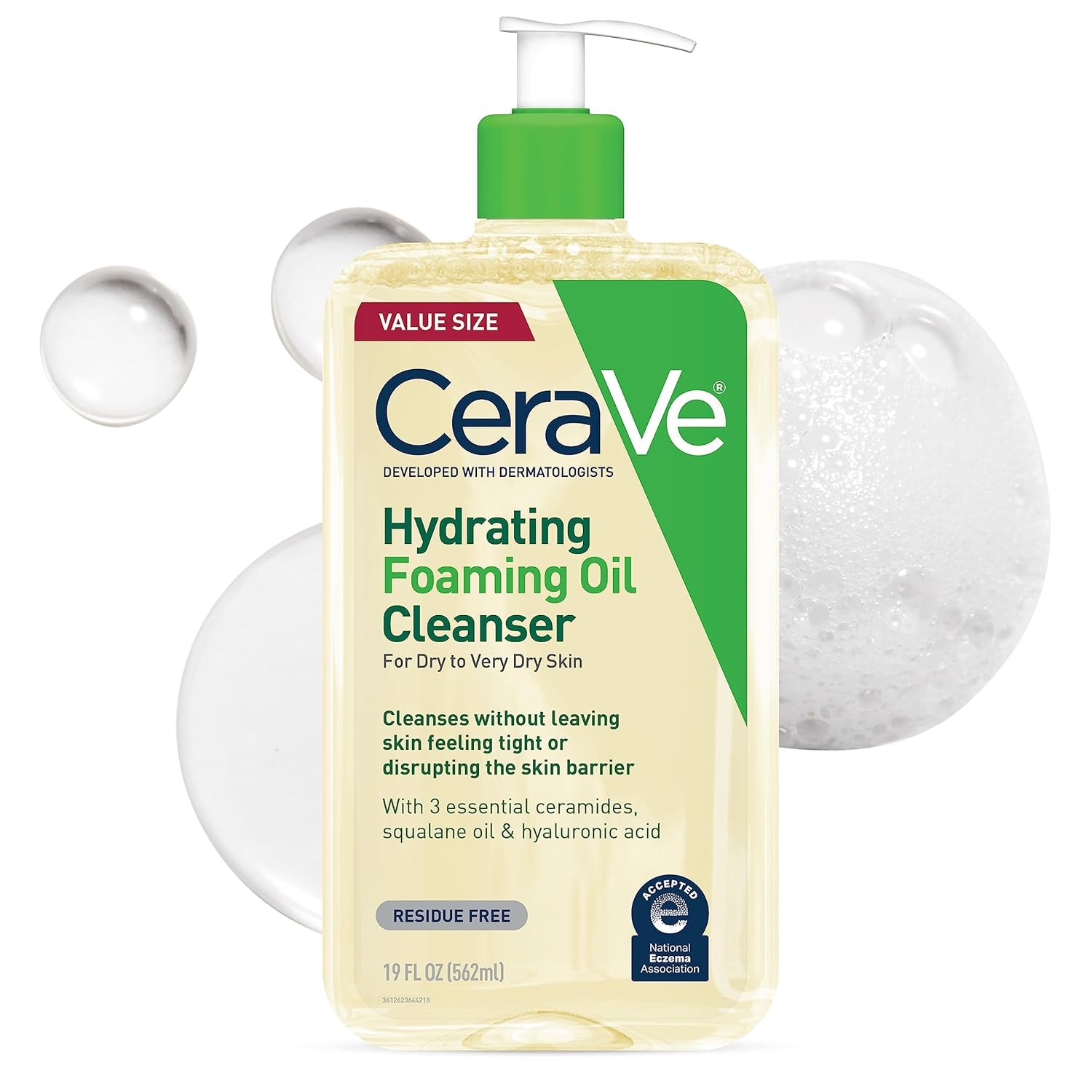 Cerave Hydrating Foaming Oil Cleanser, Moisturizing Oil Cleanser for Face & Body, Squalane Oil + Hyaluronic Acid + Ceramides, for Dry to Very Dry Skin, Fragrance Free & Residue Free, 19 FL Oz