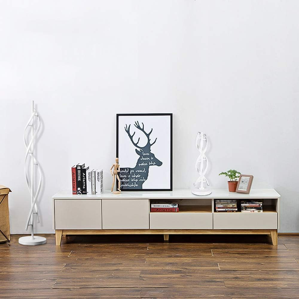 ELINKUME Double Spiral LED Table Lamp, Creative Double Helix Lampbody Matchs Metal Base, 12W Warm White Eye-Caring Dimmable LED Bedside Lamp Decorative Lighting - White