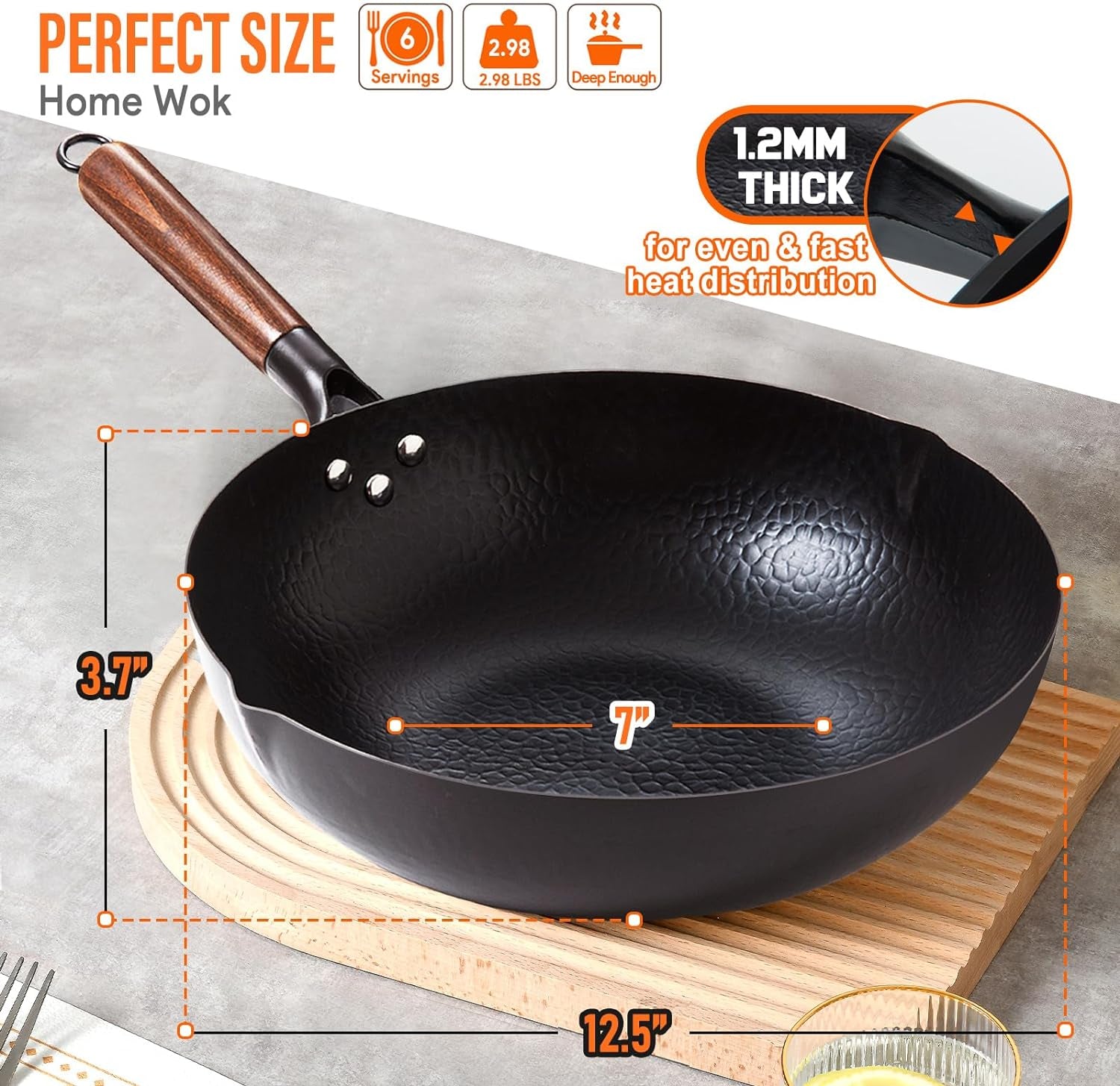 Wok Pan 12.5" Carbon Steel Wok Stir Fry Pan with Lid, Flat Bottom Chinese Wok Set with 6 Utensils Cookware Accessories for All Stoves