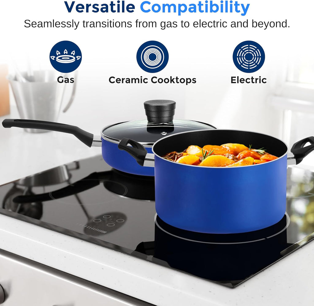 Serenelife 20-Piece Blue Cookware Set with Knives - Includes Multi-Sized Pots and Pans Set Non Stick with Lids and Utensils, Heat Resistant, Dishwasher Safe