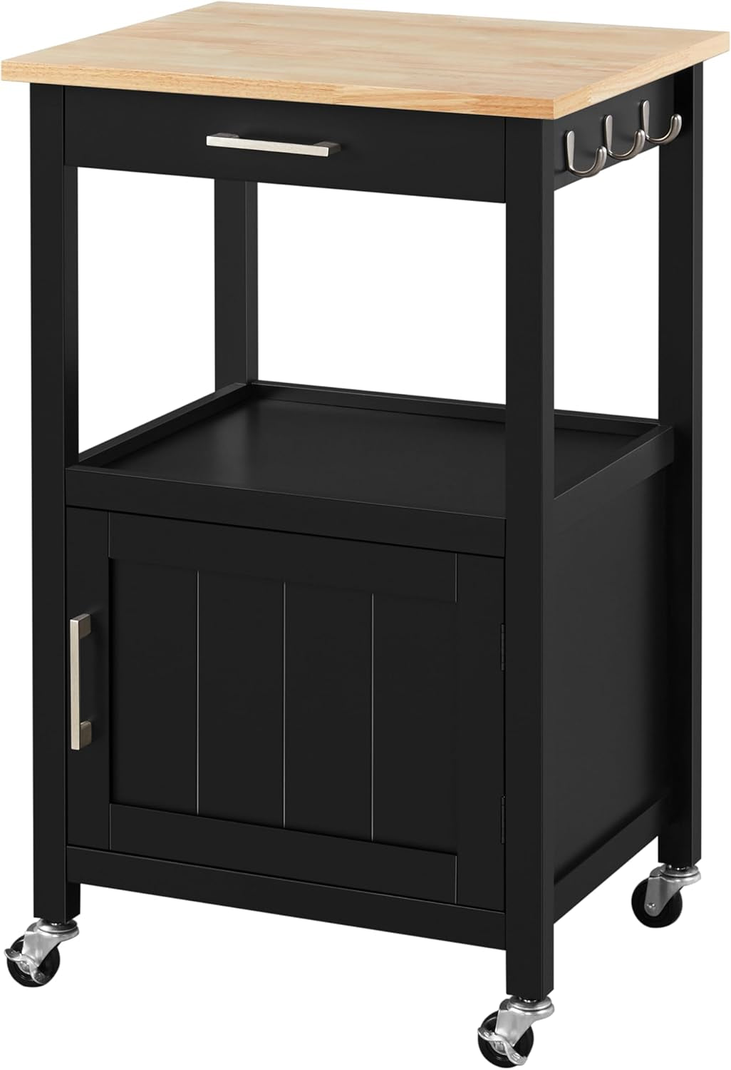 Yaheetech Kitchen Island Cart with Storage, Rolling Kitchen Island on Wheels with 6 Side Hooks, Wood Top Microwave Cart with Drawer for Dining Room, Black