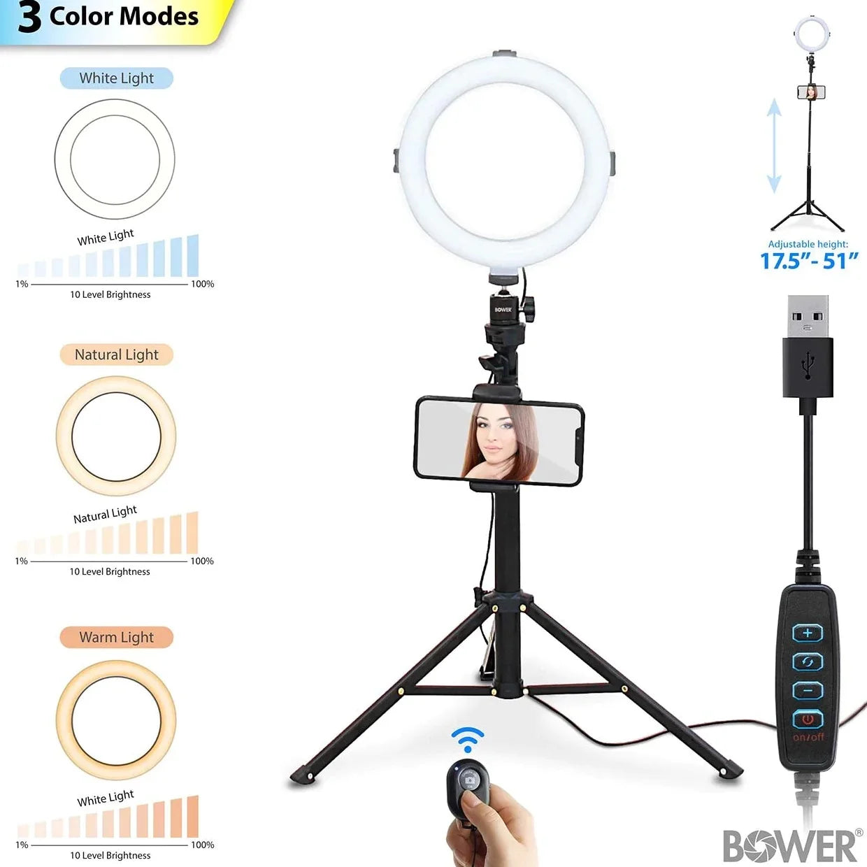 8” Selfie Ring Light Studio with Tripod Stand and Phone Holder – 8” LED Ring Light, 51” Extendable Tripod, 360º Tripod Ball Head, 3 White Modes, 10 Bright Levels, Wireless Remote