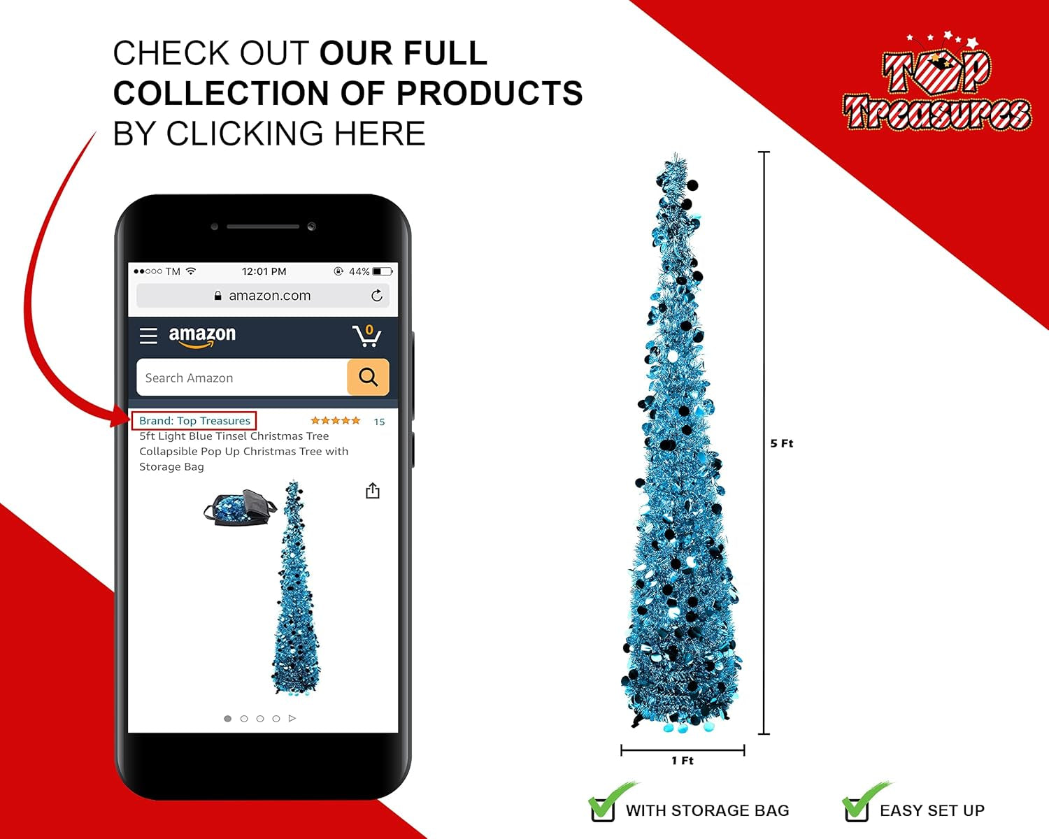 5 Ft Light Blue Tinsel Christmas Tree - Collapsible Pop up Christmas Tree with Bag