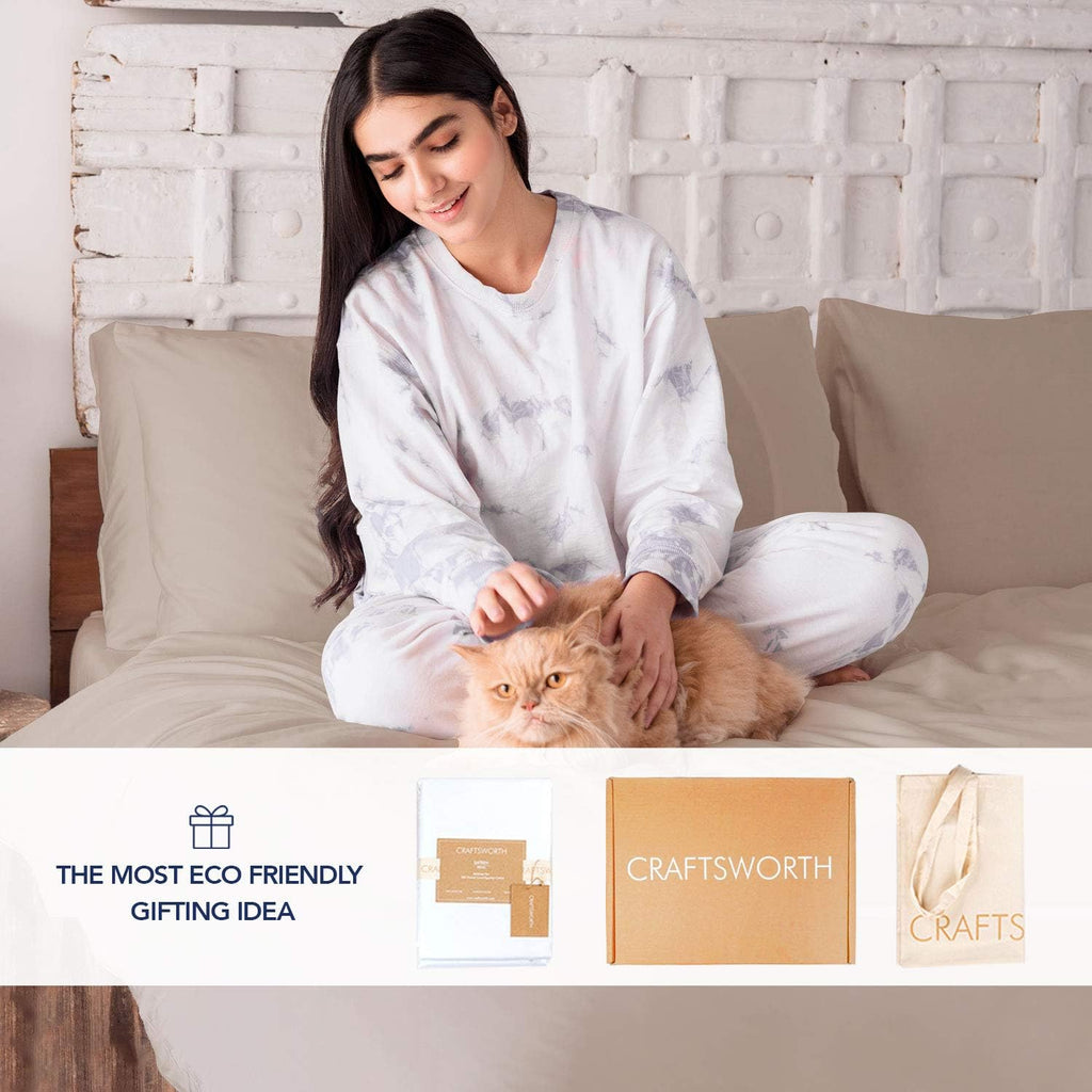 CRAFTSWORTH 100% Organic Cotton Sheets Twin 3 Piece Set Beige Extra Deep Pocket Sheet Sets Flat Sheet Fitted Sheet Pillowcase Better than Percale Hotel Luxury Quality Sheet GOTS Certified