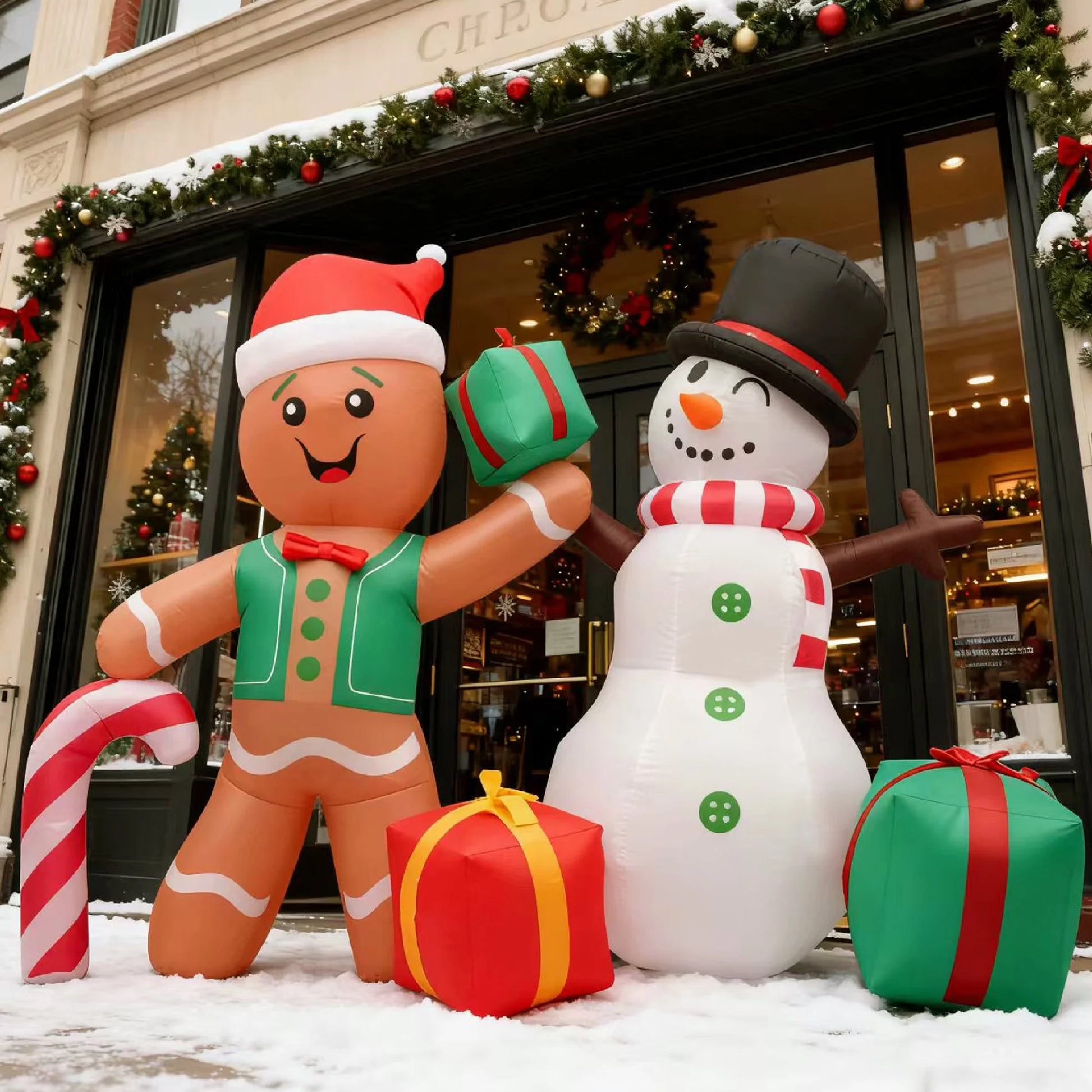 8.5Ft Christmas Inflatables Outdoor Decoration Snowman and Gingerbread Christmas Blow Ups with Built in LED Lights Xmas Garden Yard Lawn Decoration