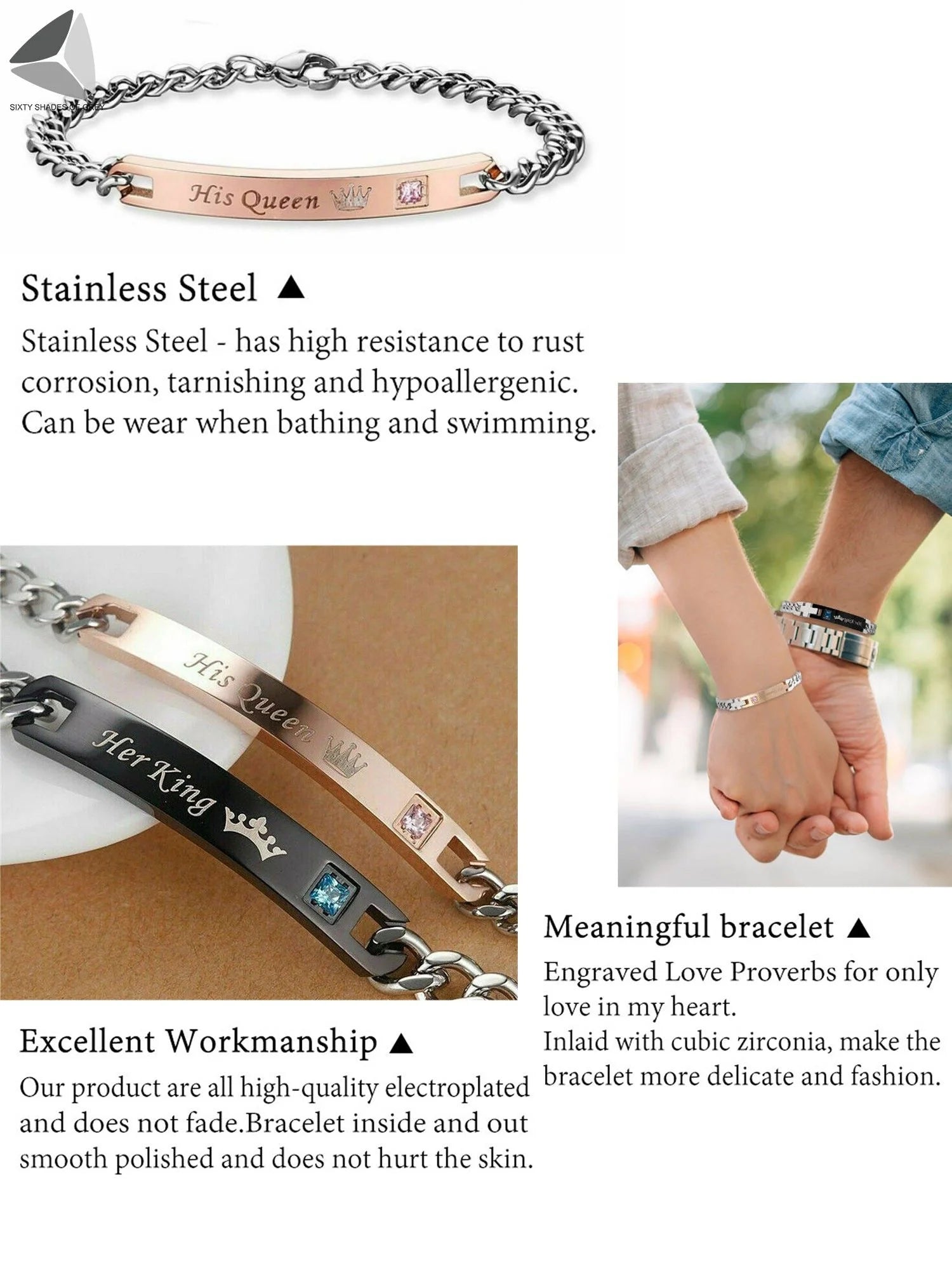 Stainless Steel Couple Bracelets His Queen Her King Bracelets for Couples Jewelry Matching Set Christmas Anniversary Valentine'S Day Gift (2 Pcs)