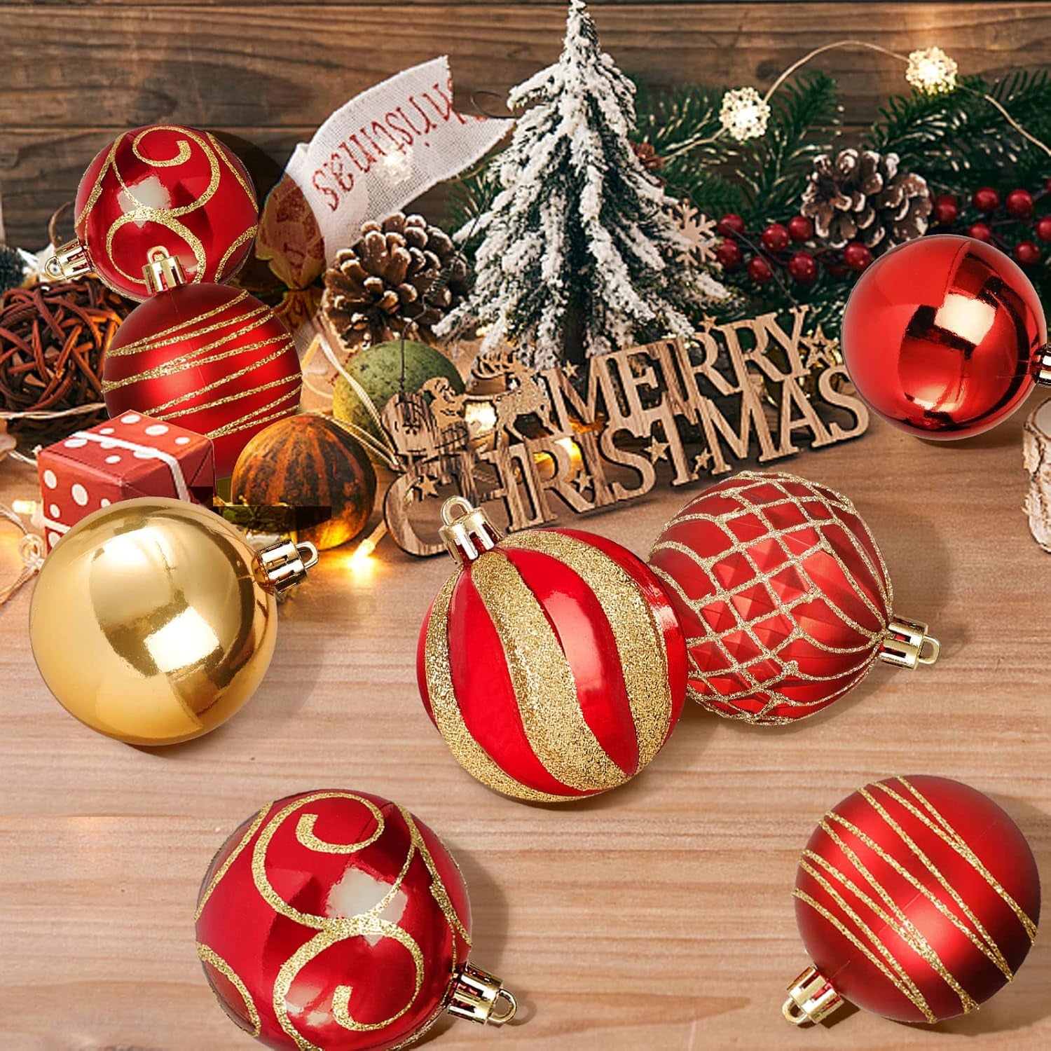30Pcs Christmas Tree Ball Ornaments Set, Red and Gold, Colored Shatterproof Plastic Decorative Baubles Decorations for Xmas Tree Decor Holiday Party Wedding Decoration, 60Mm/2.36"