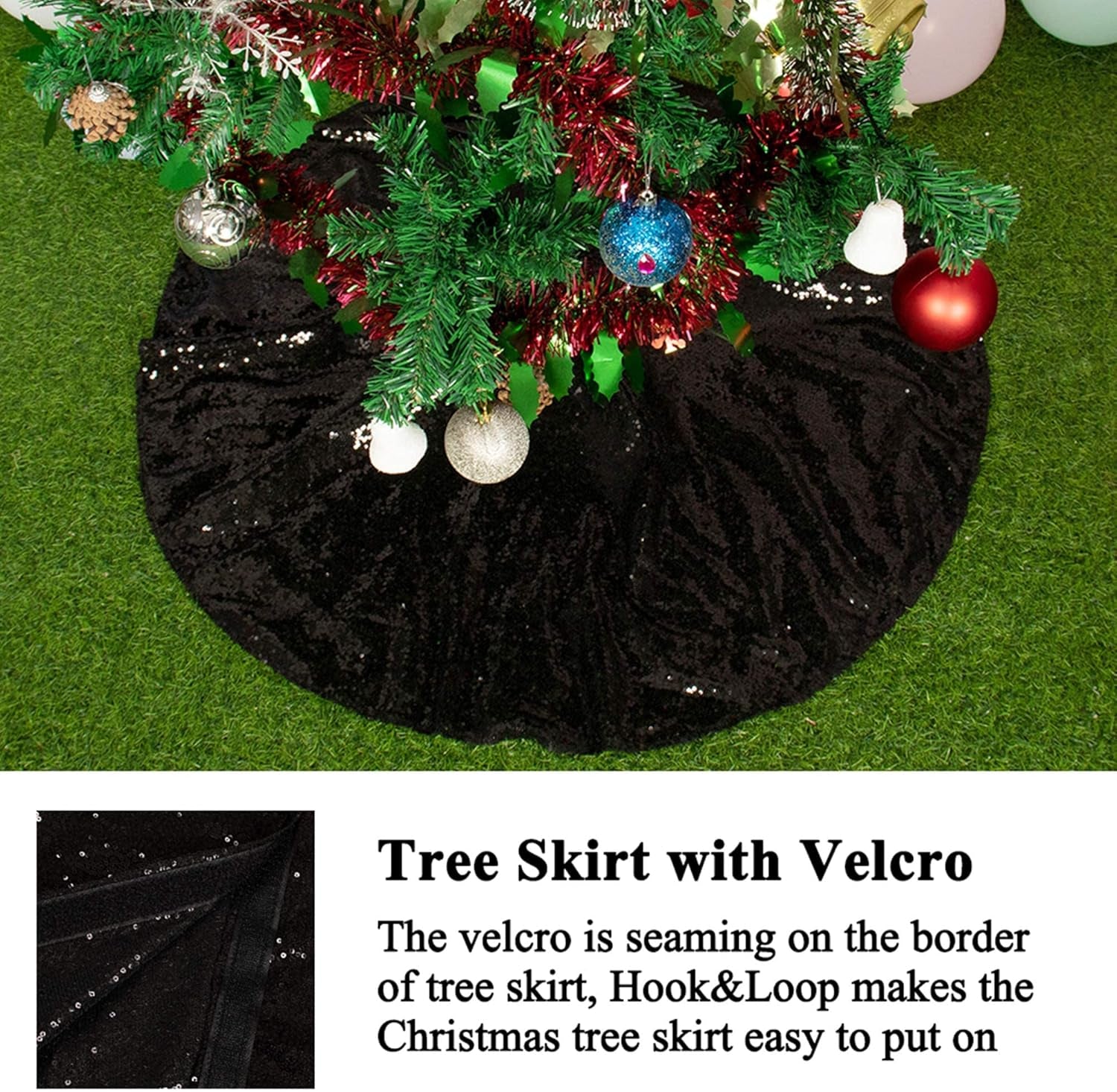 AMZLOKAE 48'' Black Sequin Tree Skirt - Sparkle Christmas/Halloween/Xmas Tree Skirt - Fits 5Ft to 7Ft Trees