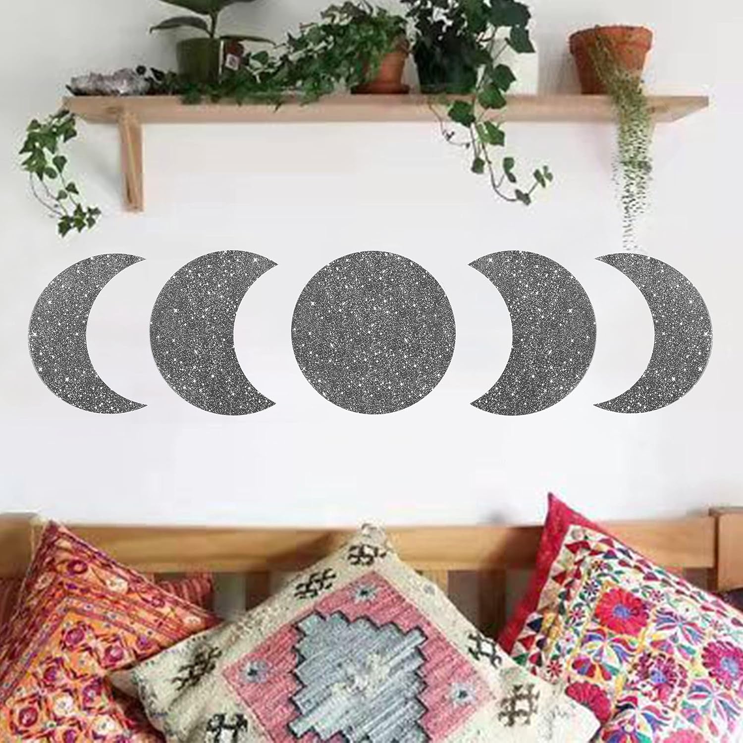 RTMISA Moon Phases Bohemian Décor Witchy Dark Academia Decoration for Wall Room Gothic Scandinavian Natrual Boho Interior Design for Home Living Bed Room Nursery - Silver Glitter
