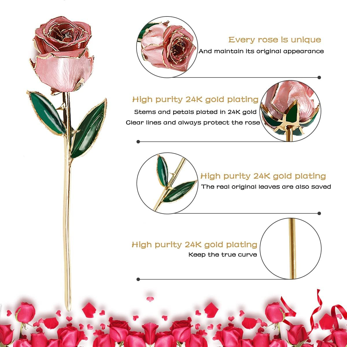 LOVCAS Birthday Gifts 24K Gold Rose, Gold Plated Rose Dipped Rose Everlasting Long Stem Real Rose, Rose Flower Gifts for Valentine'S Day/Christmas/Graduation/Best for Her,Mom,Wife,Women