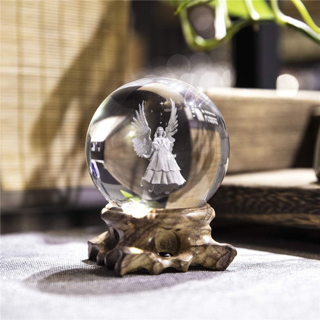 HDCRYSTALGIFTS 3D Angel Figurines Crystal Ball 60Mm Laser Engraved Paperweight Glass Guardian Angel Full Sphere Home Art Decor Gift Crafts(Clear)