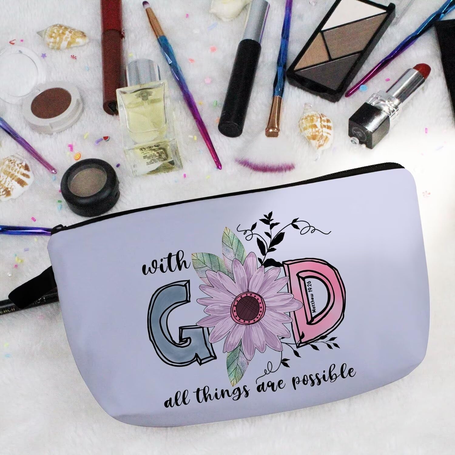 Bible Quotes Makeup Bag Small Organizer Zipper Pouch with God All Things Are Possible Cosmetic Bag Christian Present for Women Friends