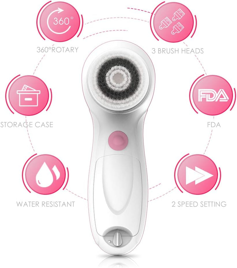 Touchbeauty Facial Cleansing & Exfoliator Brush Set with Travel Case 3 Professional Cleansing Brush Heads for Oil/Sensitive/Combination Skin |Waterproof, Dual Speed
