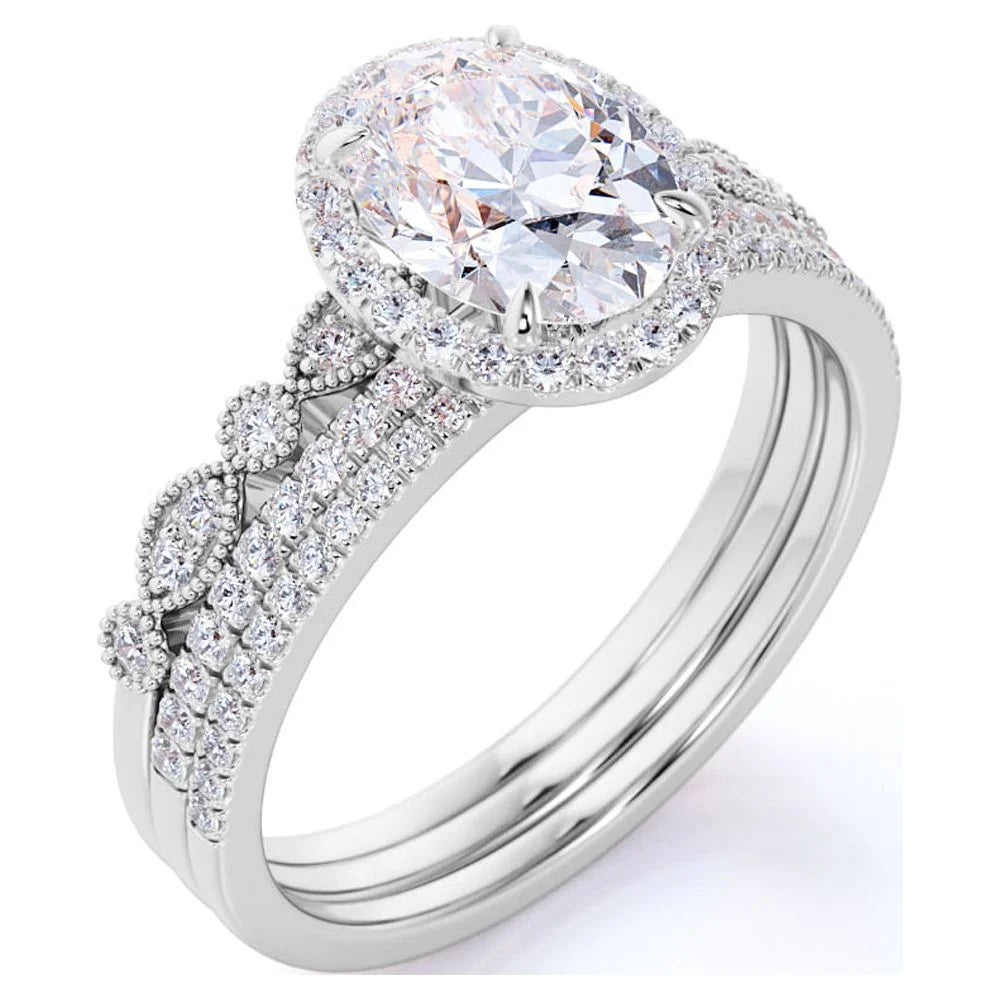 Unique 2 Carat Real Moissanite Wedding Trio Ring Set with Engagement Ring and 2 Wedding Bands in 18K Gold Plating for Women