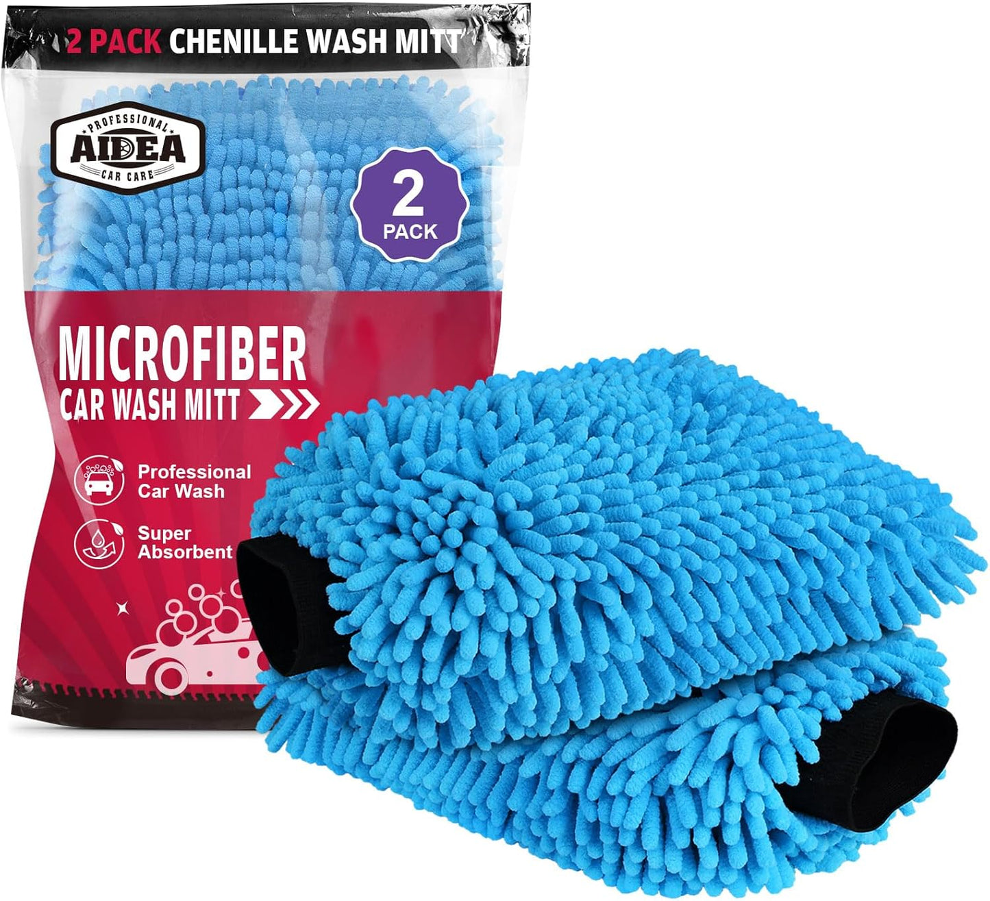 AIDEA Car Wash Mitt Microfiber, 2PK Scratch Free Lint-Free, Premium Chenille Microfiber Mitt Car Wash Brush, Green, Regular Size 7.12''X10.14''