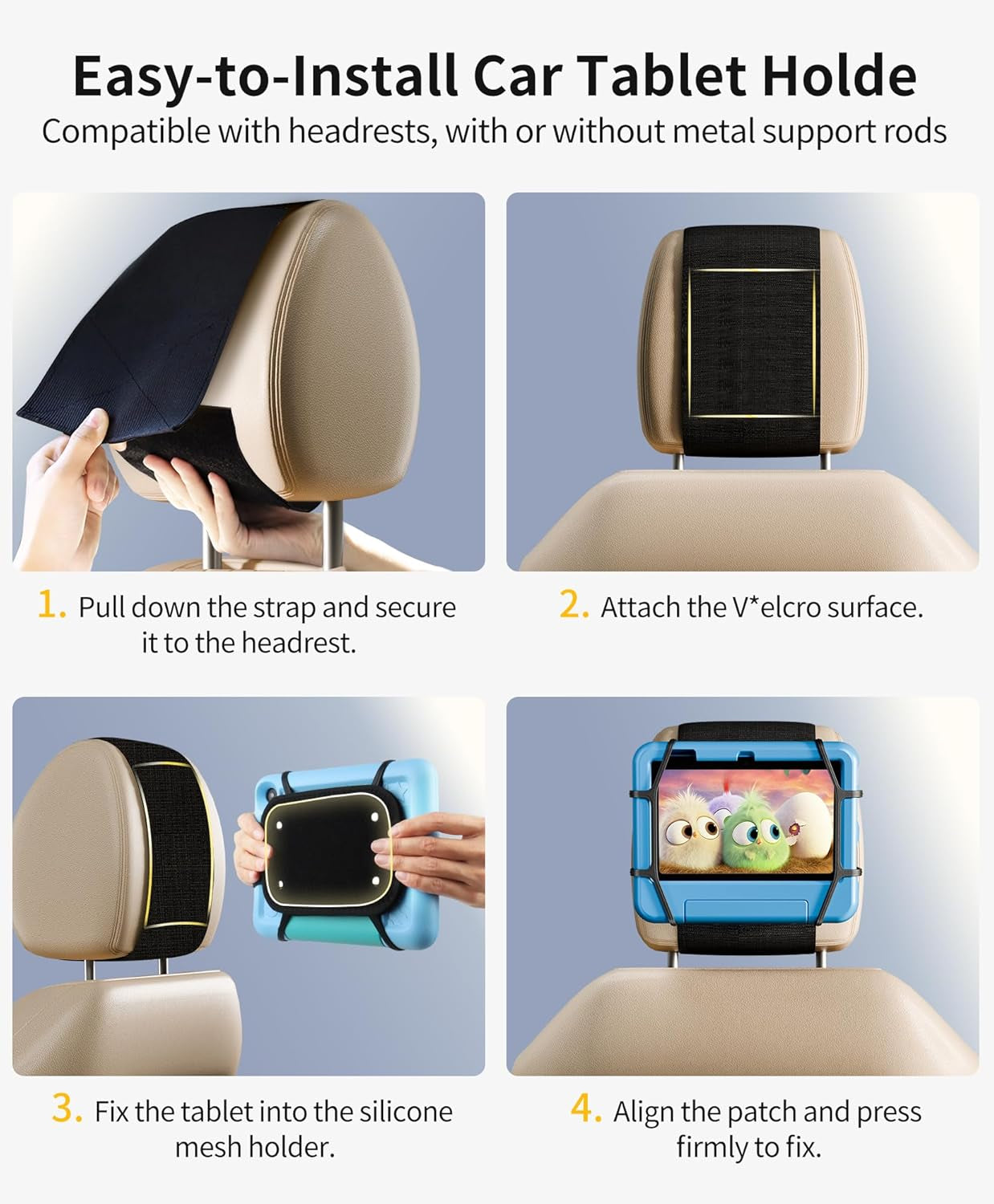 FANGOR Car Headrest Mount Holder, Tablet Holder for Kids in Back Seats, Anti-Slip Strap and Holding Net,Angle-Adjustable/Fits All 7 Inch to 12.9 Inch Tablets