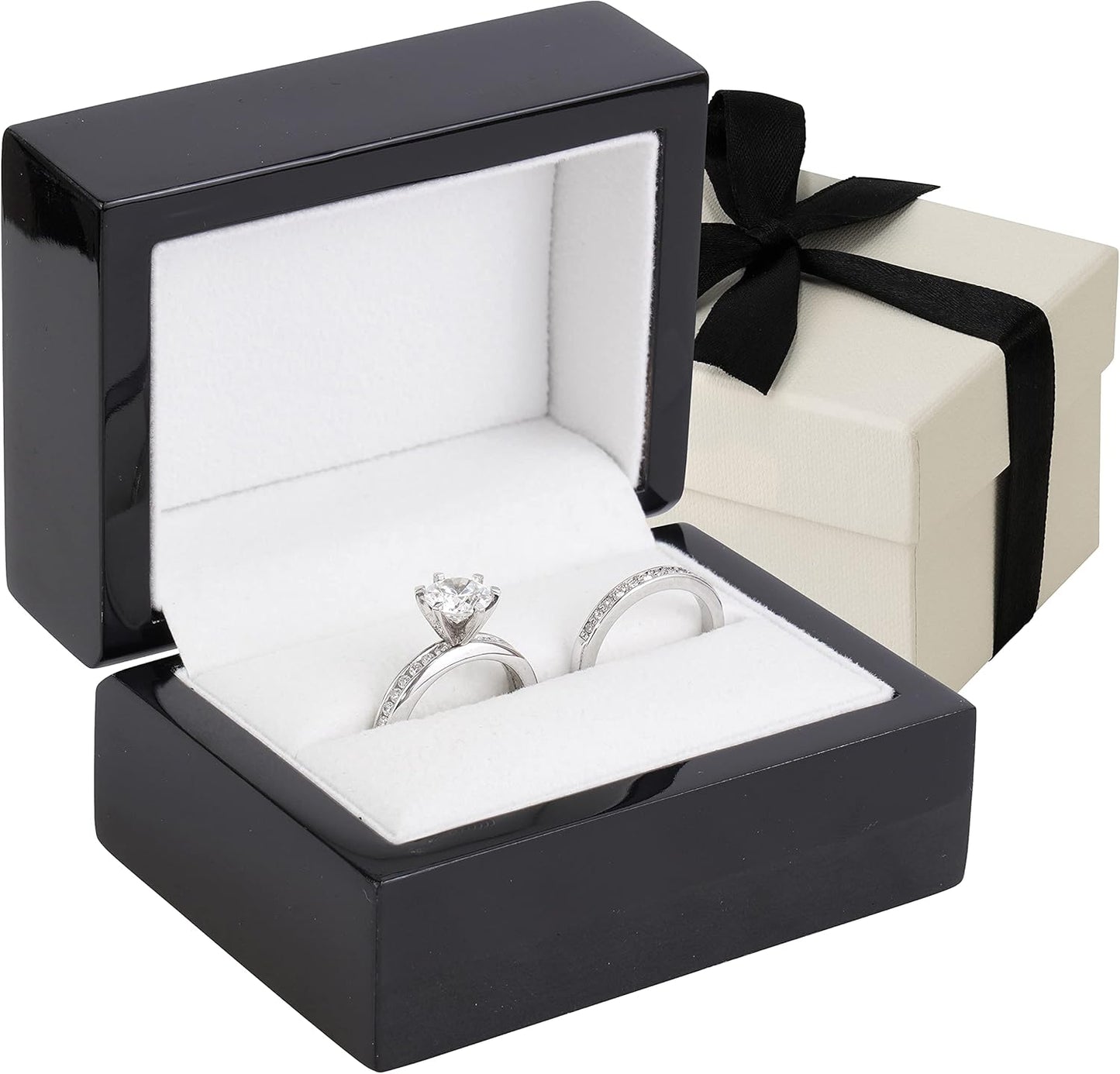 Noble Piano Wood Ring Box - Luxury Engagement Ring Box for Proposal Ring or Special Occasions - Comes with a Two Piece Packer and Ribbon (Black)