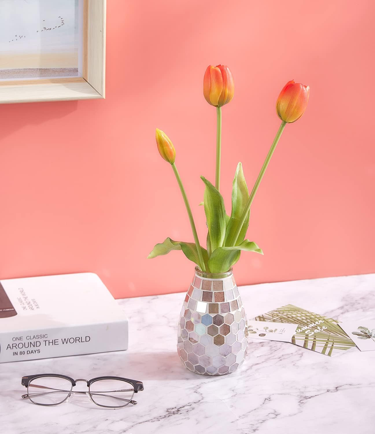 Small Flower Vase for Home Decor, 5" Mosaic Handmade Table Centerpiece Mosaic Accent Container for Office, Living Room, Kitchen, Wedding (Shell Hive)